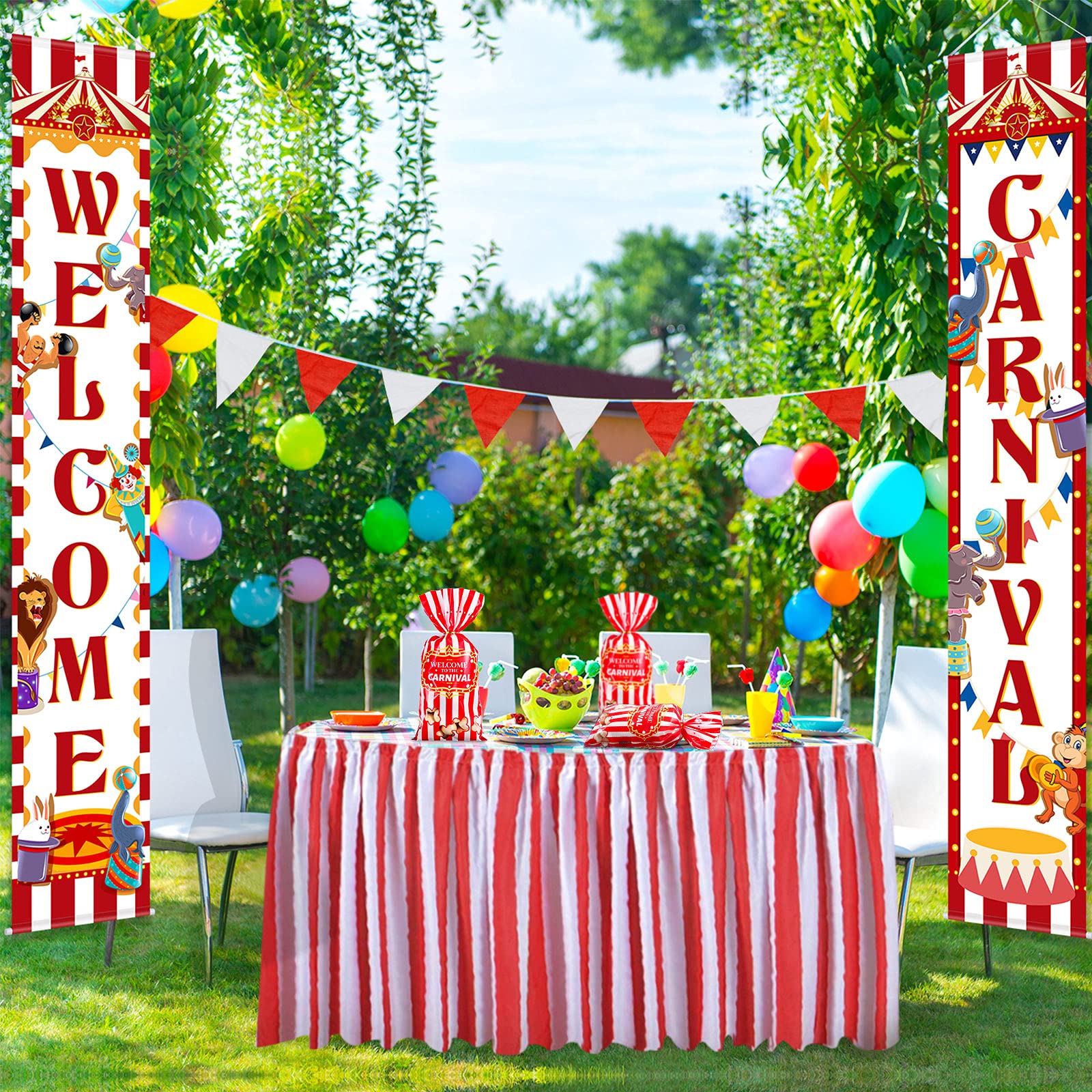 Epakh Carnival Candy Bags - 200 Pack Circus-Themed Plastic Party Favor Bags with Popcorn Pattern & Gold Twisted Ties for Halloween, Birthday Parties, Baby Showers & Wedding Favors - Perfect for Treats, Cookies & Cupcakes