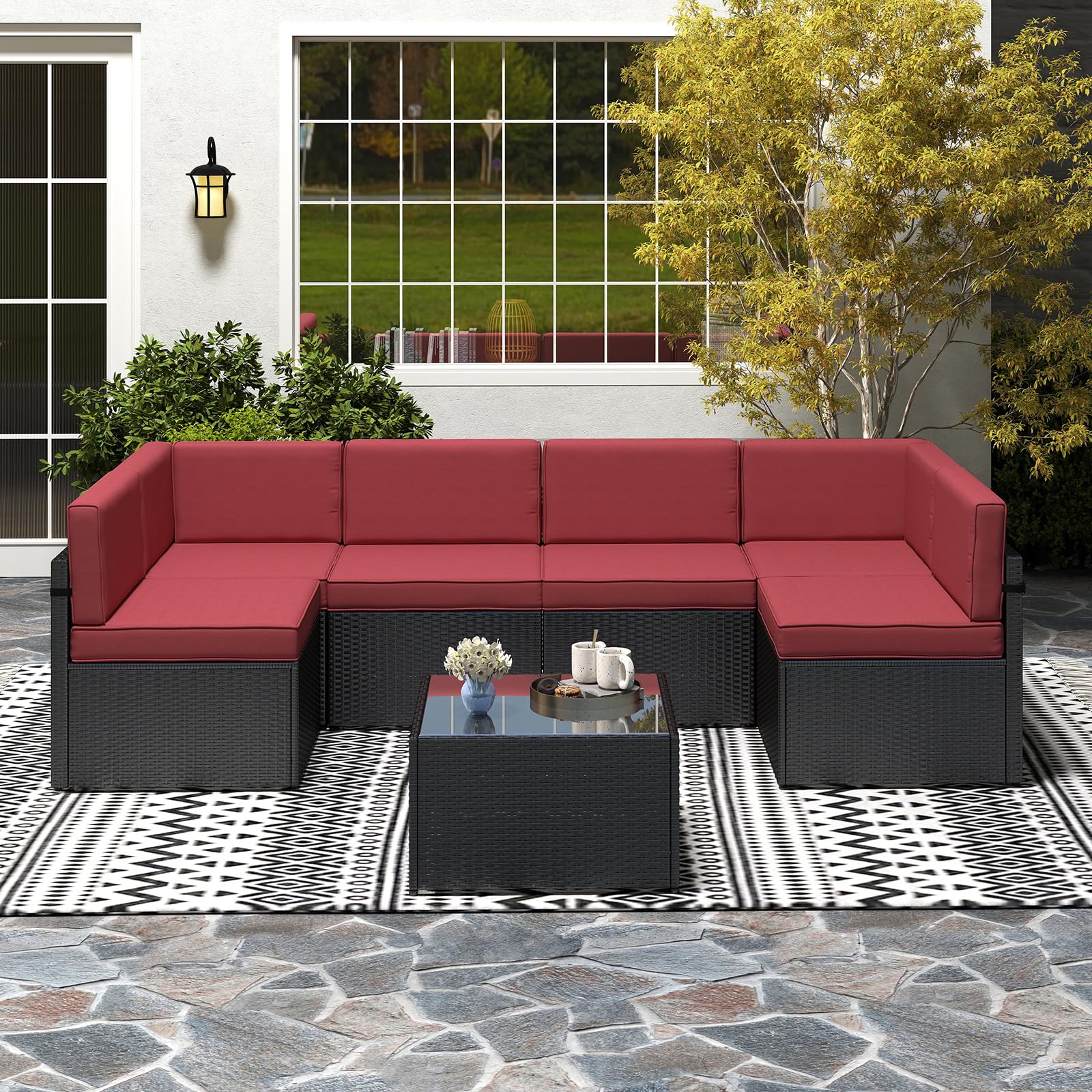 Kinfant 7-Piece PE Black Wicker Outdoor Patio Sectional Sofa Set with Glass Coffee Table & Cushions - Waterproof Garden Furniture for Backyard, Poolside, Deck (Wine Red) | Perfect for Outdoor Entertaining, Lounging & Relaxation