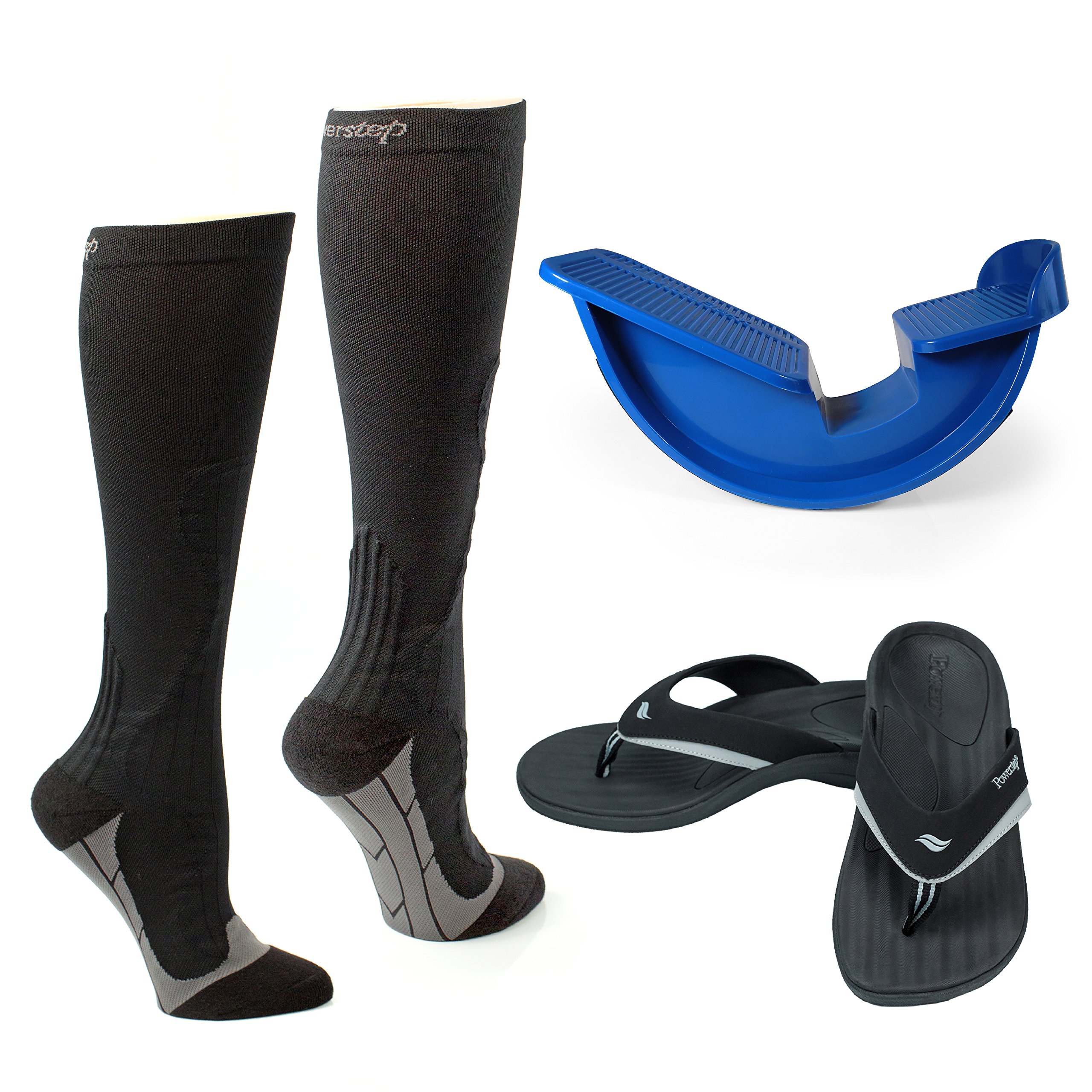 Powerstep Men’s Running Recovery Kit with Compression Socks, Supportive Sandals & Foot Rocker - Post-Workout Muscle Relief for Runners & Athletes - Ideal for Marathon Training, Gym Recovery & Plantar Fasciitis Relief