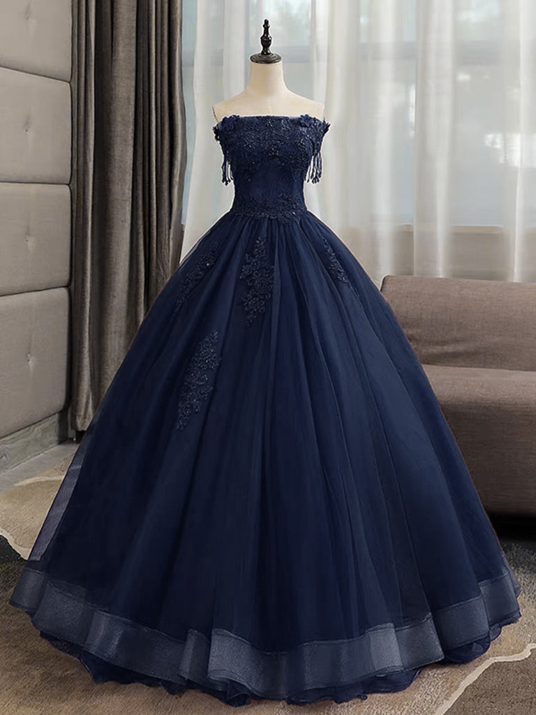 Elegant A-Line Tulle Lace Dark Blue Long Prom Dress for Sweet 16, Homecoming & Formal Events - Plus Size Options Available