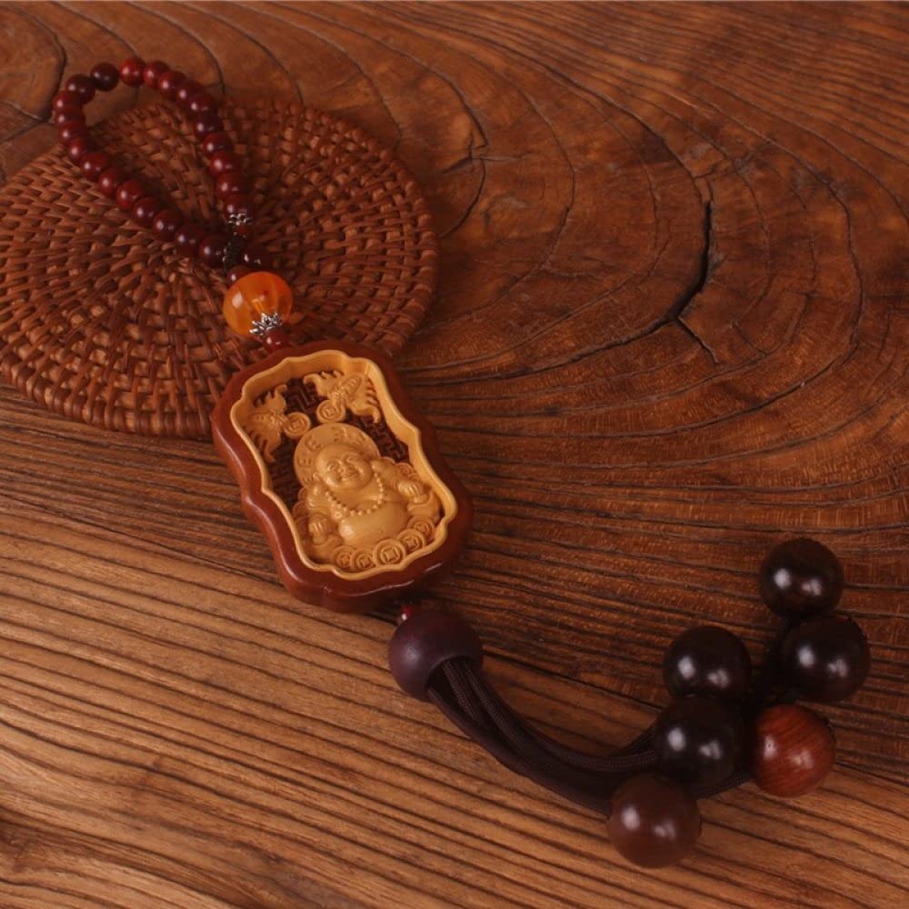 Lucky Wooden Buddha Pendant - Handcrafted Wood Carving Keychain & Car Mirror Hanging Charm for Men - Safety Amulet Ornament for Car Rear View Mirror - Perfect for Daily Commute, Road Trips & Spiritual Protection