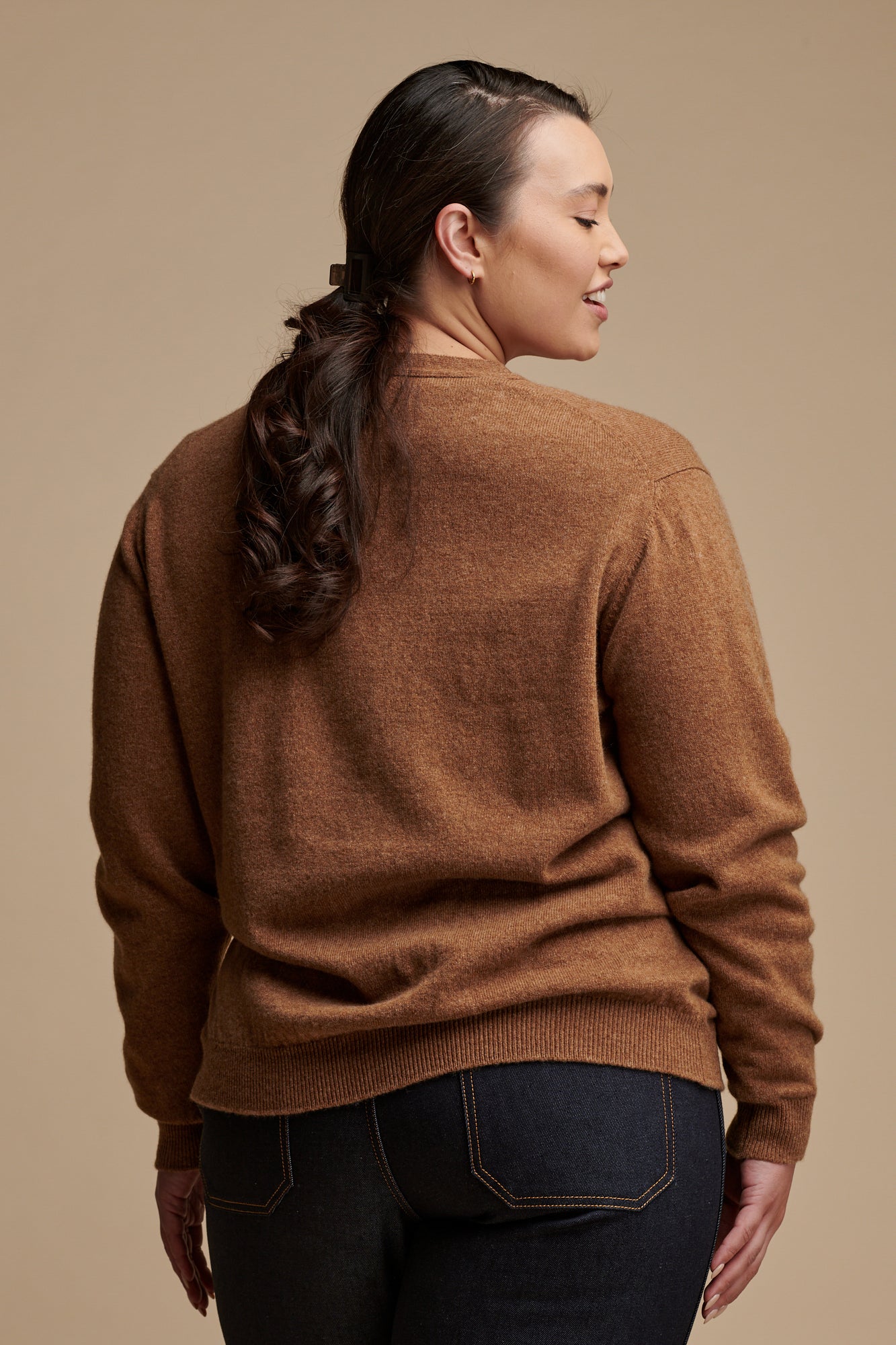 Soft Women's Lambswool Cardigan Sweater - Dark Camel Color | Cozy Winter Wear for Office & Casual Outfits