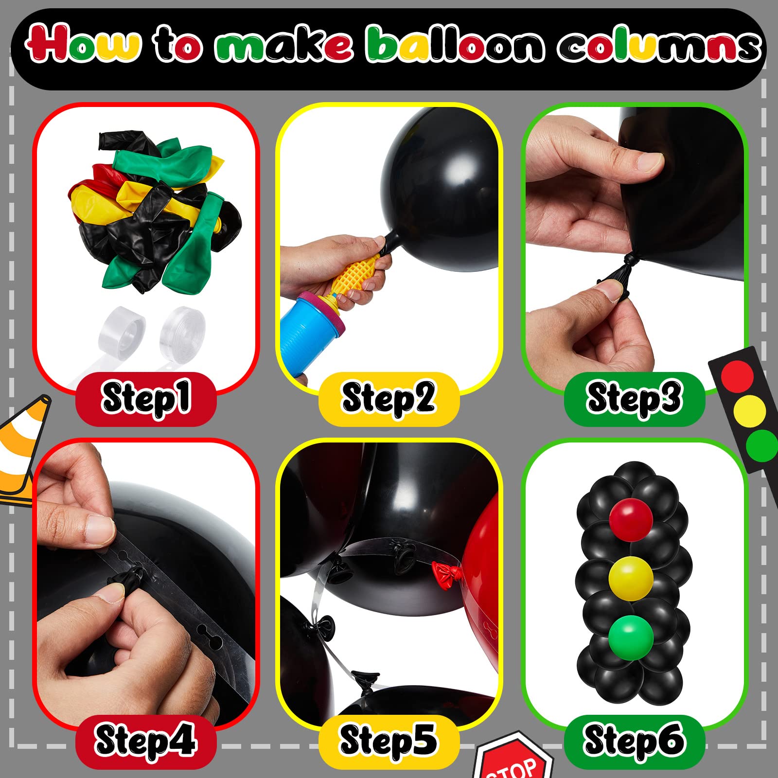 66 Pcs Car Themed Party Decorations - Inflatable Tire Balloons, Traffic Light Balloons & Checkered Foil Balloons with Glue & Chains - Perfect for Boys Birthday, Race Car Fans & Themed Parties - Great for Birthday Celebrations, Baby Showers & Race Car Events