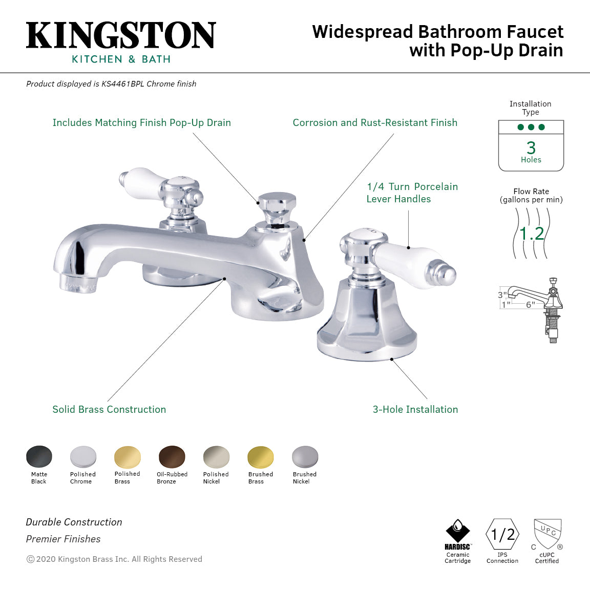 Bel Air KS4461BPL 3-Hole Widespread Bathroom Faucet - Two Handle Deck Mount Sink Faucet with Brass Pop-Up Drain, Polished Chrome Finish - Perfect for Modern Bathroom Vanities and Powder Rooms