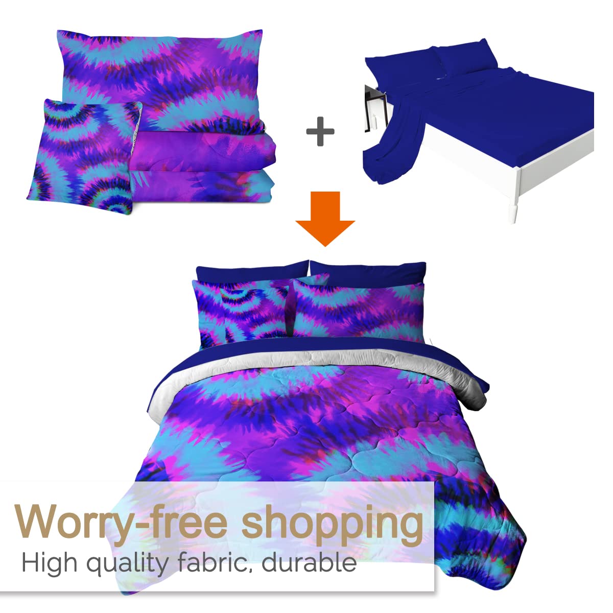 BlessLiving Artsy Tie Dye 8-Piece Queen Comforter Set - Purple Pink Blue Boho Bedding with Comforter, Sheets, Pillowcases, Shams & Cushion Cover | Perfect for Teen Girls' Rooms, Dorm Decor & Bohemian Bedroom Style