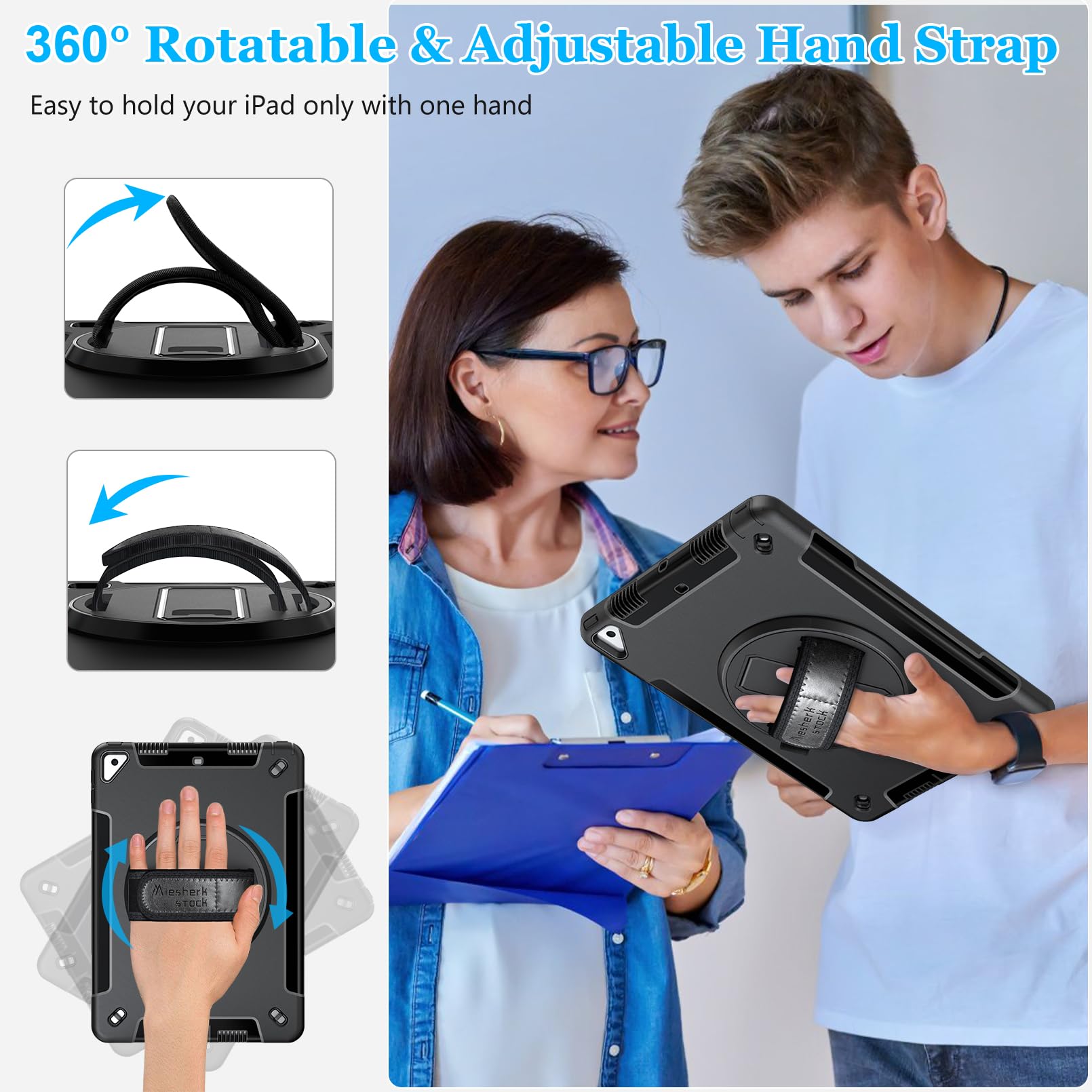 Military Grade Shockproof iPad 9th/8th/7th Gen Case (2021/2020/2018 Models) - 10.2 Inch Protective Cover with Screen Protector, Stand, Handle, Shoulder Strap & Pencil Holder - Perfect for Work, School & Travel - Black