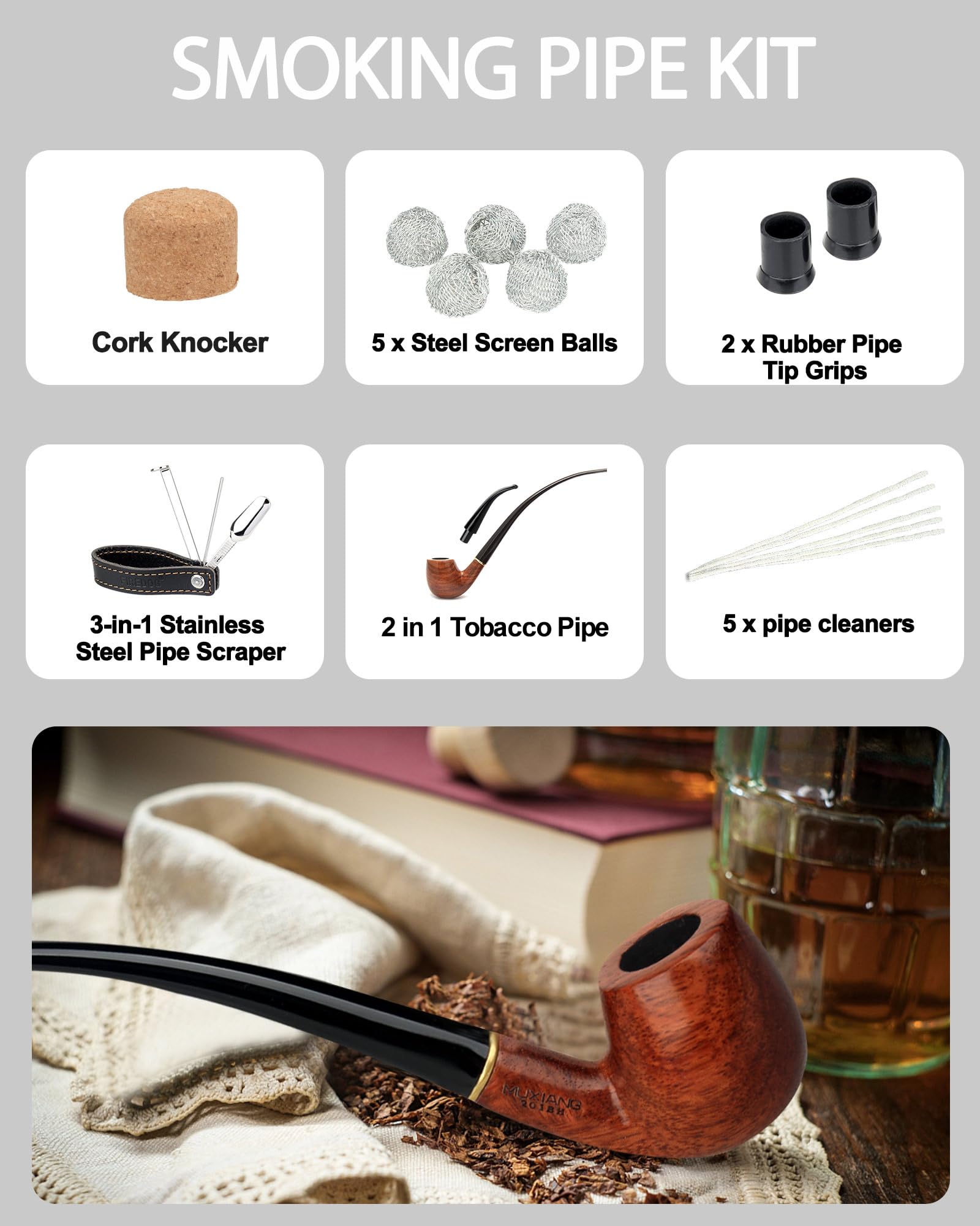 FIREDOG 2-in-1 Churchwarden Tobacco Pipe Kit with Pipe Cleaners, Scraper Holder, Bits, Metal Balls & Cork Knockers - Premium Smoking Accessories for Relaxation & Social Gatherings