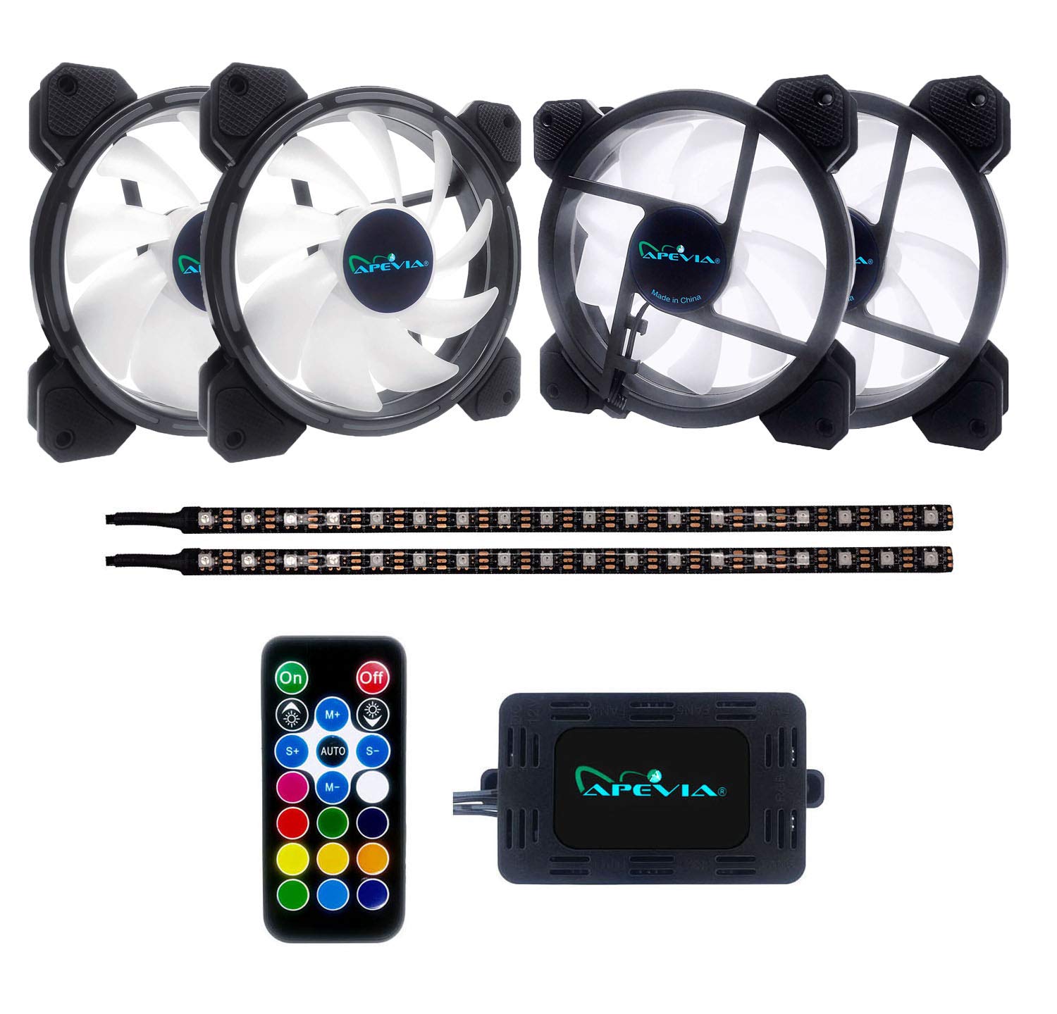 Apevia AC42-RGB 120mm RGB LED PC Cooling Fan with Remote Control, 16 LEDs & Anti-Vibration Pads - 2 Magnetic LED Strips Included (4+2 Pack) - Perfect for Gaming PCs, Workstations & Custom PC Builds