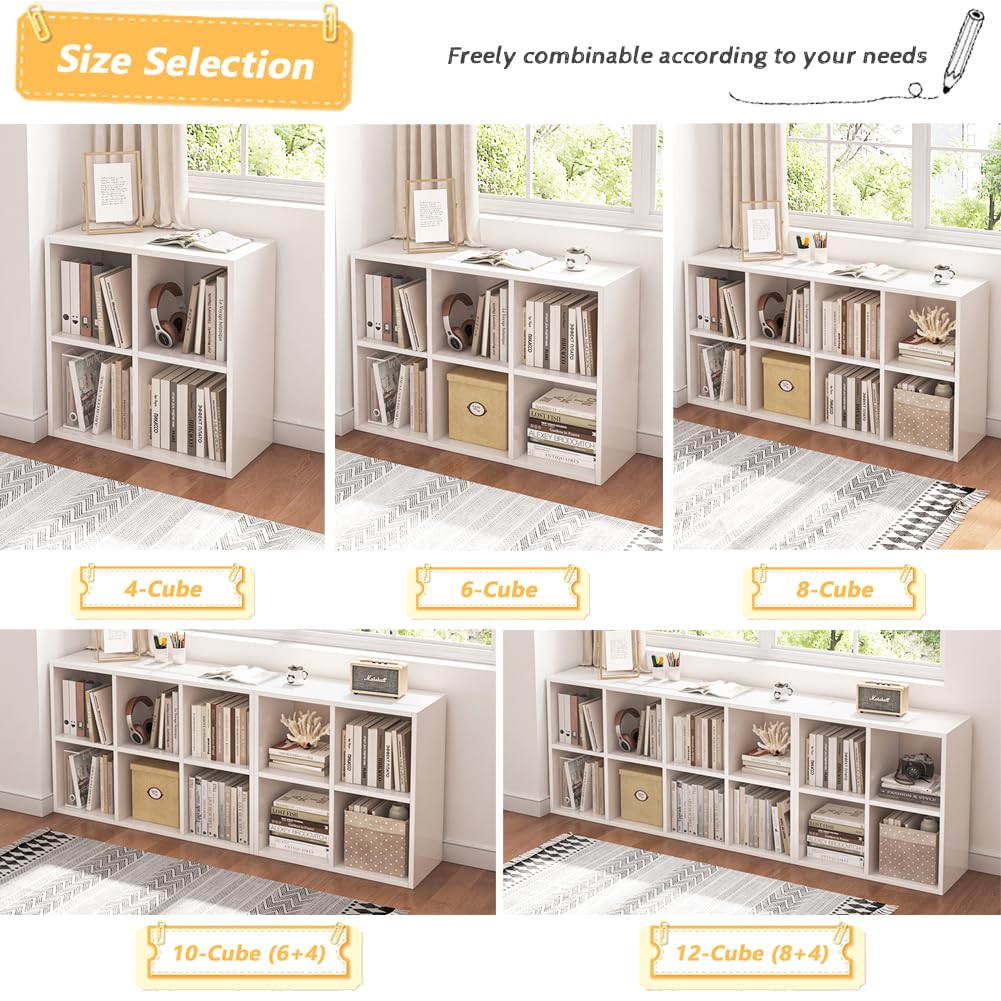 8 Cube Organizer Bookcase with Fabric Storage Bins - Open Shelf Bookcase with Simple Compartments for Home Office, Living Room & Bedroom Storage - White