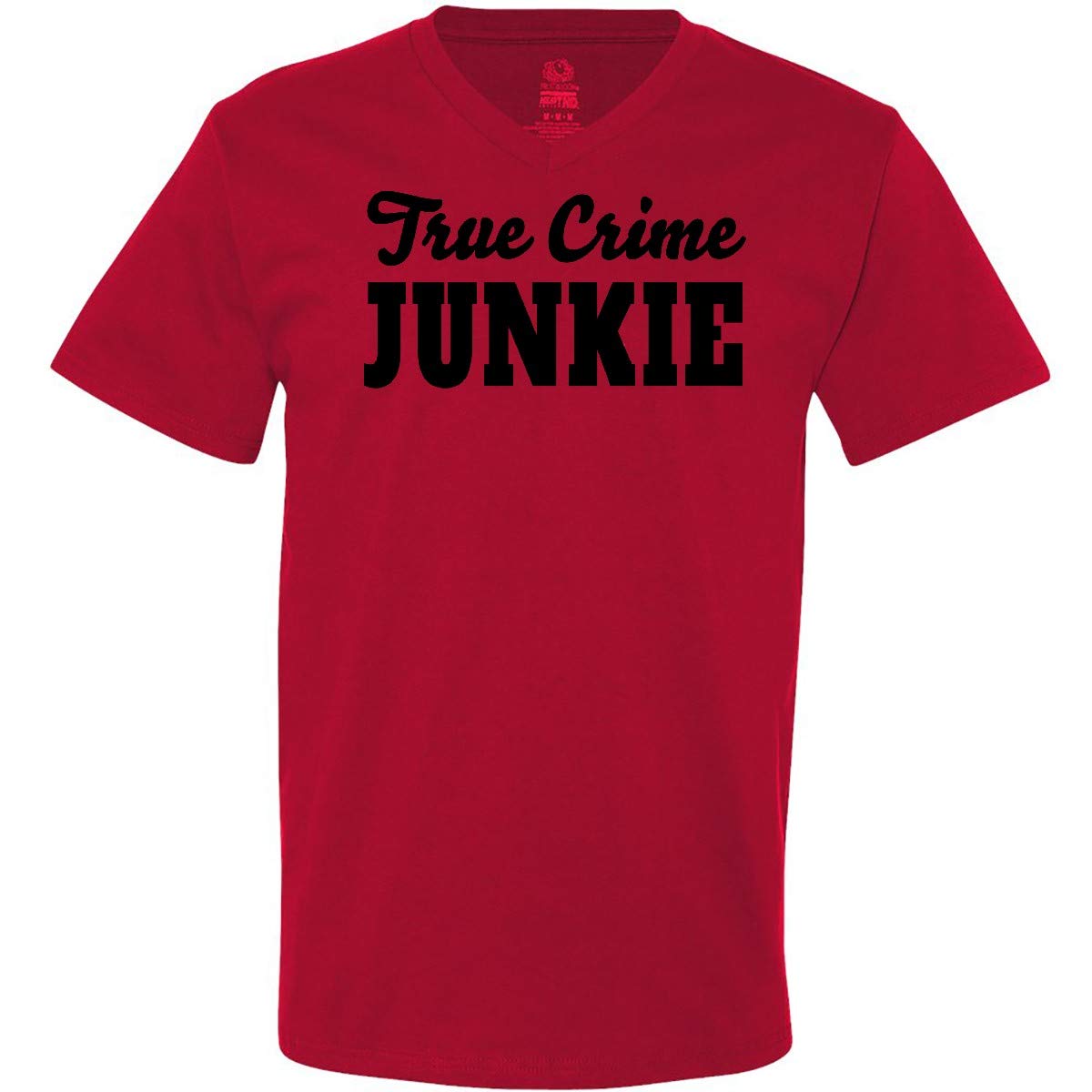 Inktastic True Crime Junkie Black Text Men's V-Neck T-Shirt - Comfortable Cotton Tee for True Crime Fans, Podcast Lovers & Mystery Enthusiasts
