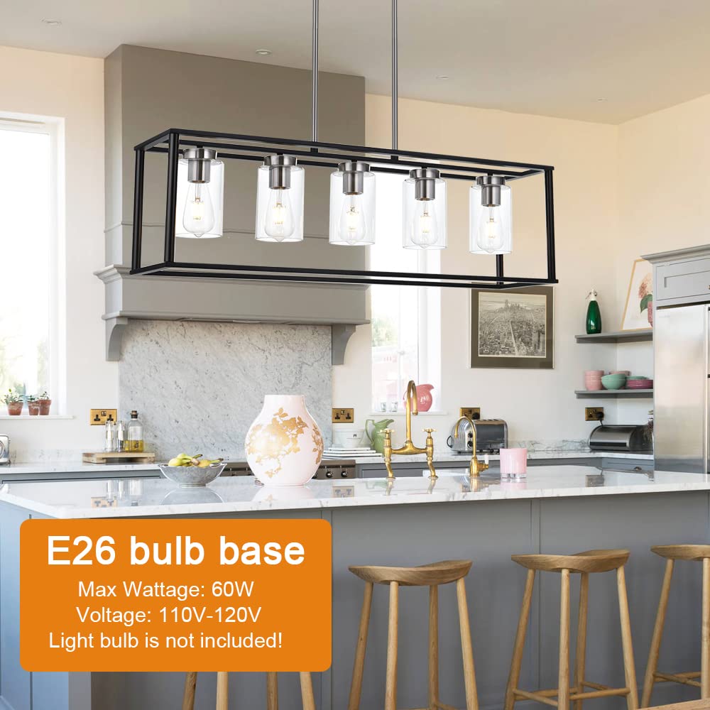 VINLUZ Modern 5-Light Rectangle Chandelier in Brushed Nickel & Black - Clear Glass Shade Farmhouse Pendant Light for Dining Room, Kitchen Island & Living Room Ceiling | Perfect for Rustic, Industrial & Contemporary Home Decor