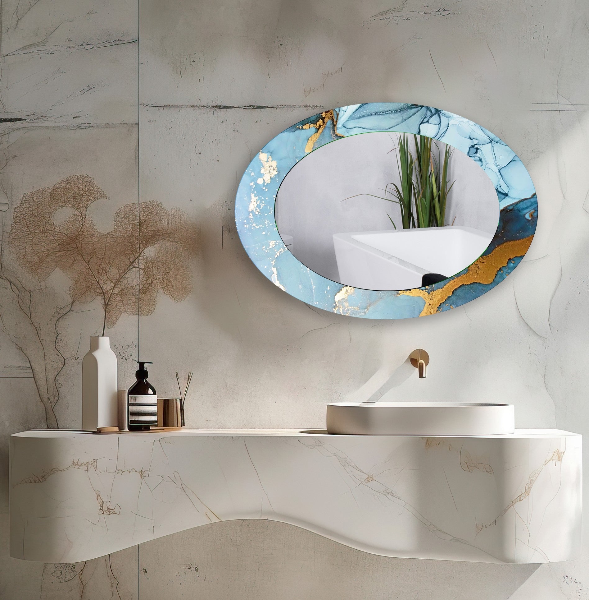 Stylish Blue Oval Wall Mirror - Elegant Home Decor for Living Room, Bedroom & Bathroom - Perfect for Vanity, Entryway & Interior Design