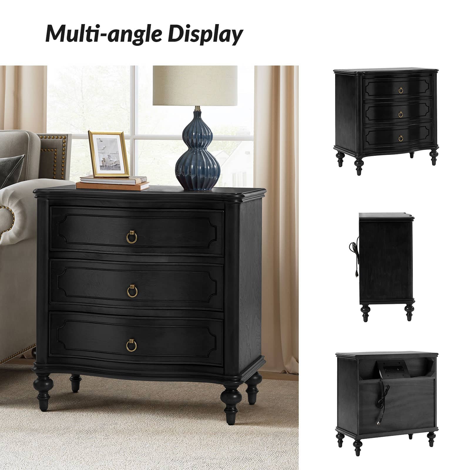 Bernhard 3 Drawer Traditional Nightstand with USB Outlets - Solid Wood Bedside Table for Bedroom, Living Room & Office - Charging Station & Storage Cabinet