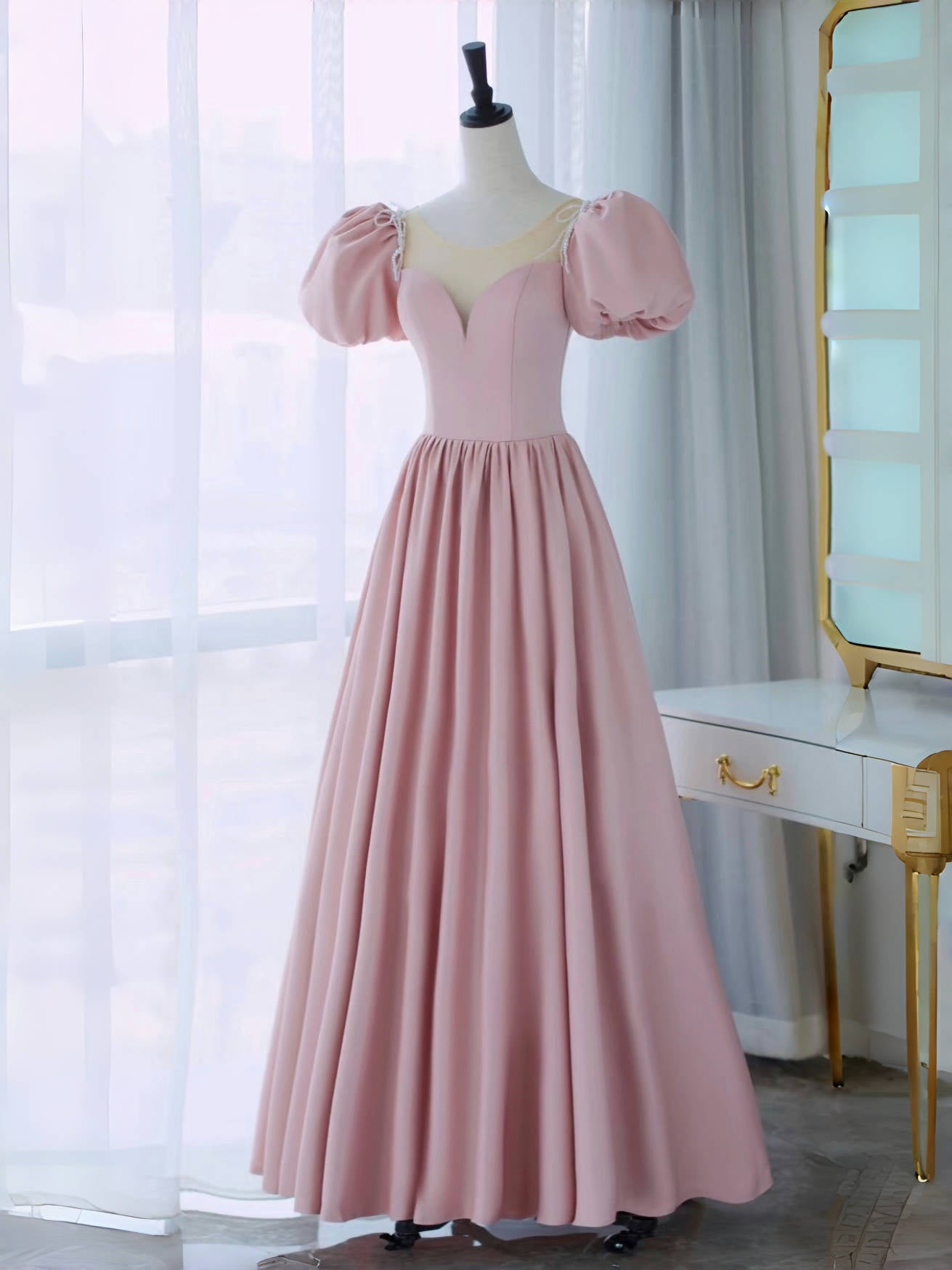 Elegant A-Line Puff Sleeves Satin Pink Long Prom Dress for Women - Formal Evening Gown for Homecoming, Wedding Guest, and Special Occasions