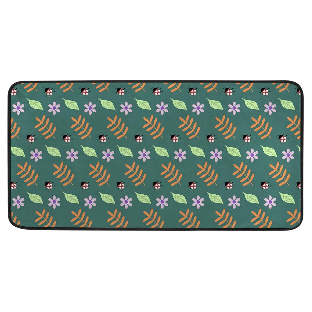 Non-Slip Memory Foam Kitchen Rug & Bathroom Mat - Soft Plush Floor Mat with Red Ladybug Design on Green Leaves (39x20 Inch) | Extra Thick, Machine Washable | Perfect for Kitchen, Bathroom, Laundry Room & Entryway