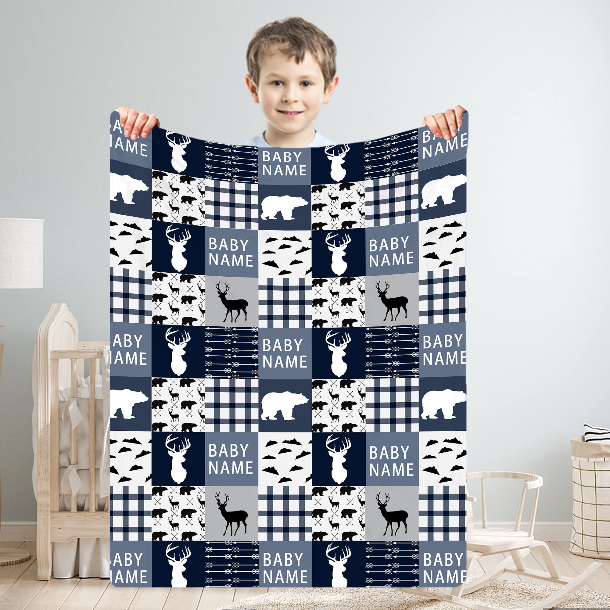 Personalized Baby Blanket with Name - Custom Moose Deer Bear Design for Boys, Toddlers & Newborns | Soft Nursery Blanket for Crib, Stroller & Travel | Woodland Theme Baby Gift & Nursery Decor