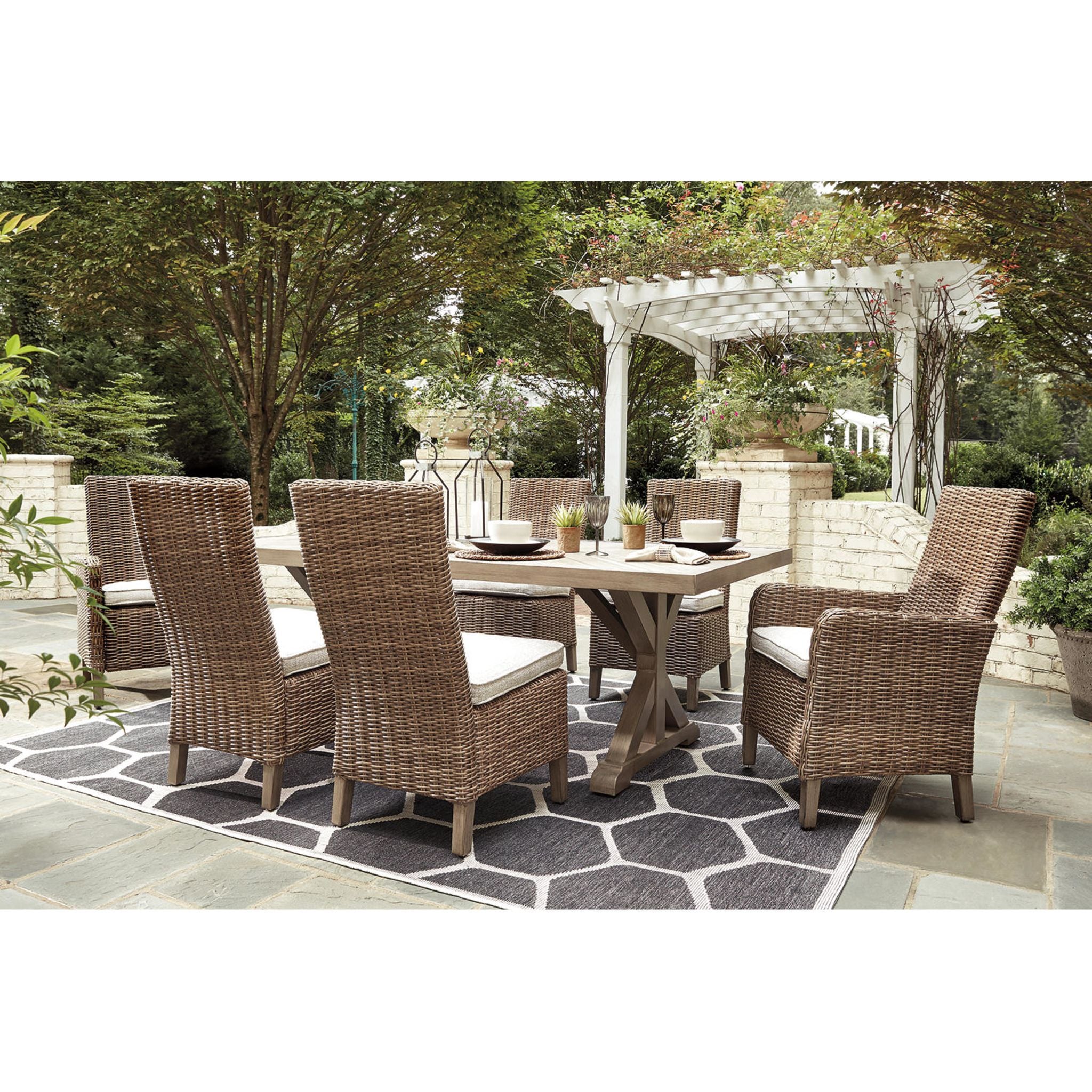 Beachcroft 7-Piece Outdoor Patio Dining Set - Beige Wicker Furniture for Backyard, Garden, Poolside & Deck - Weather-Resistant Rattan Table & Chairs