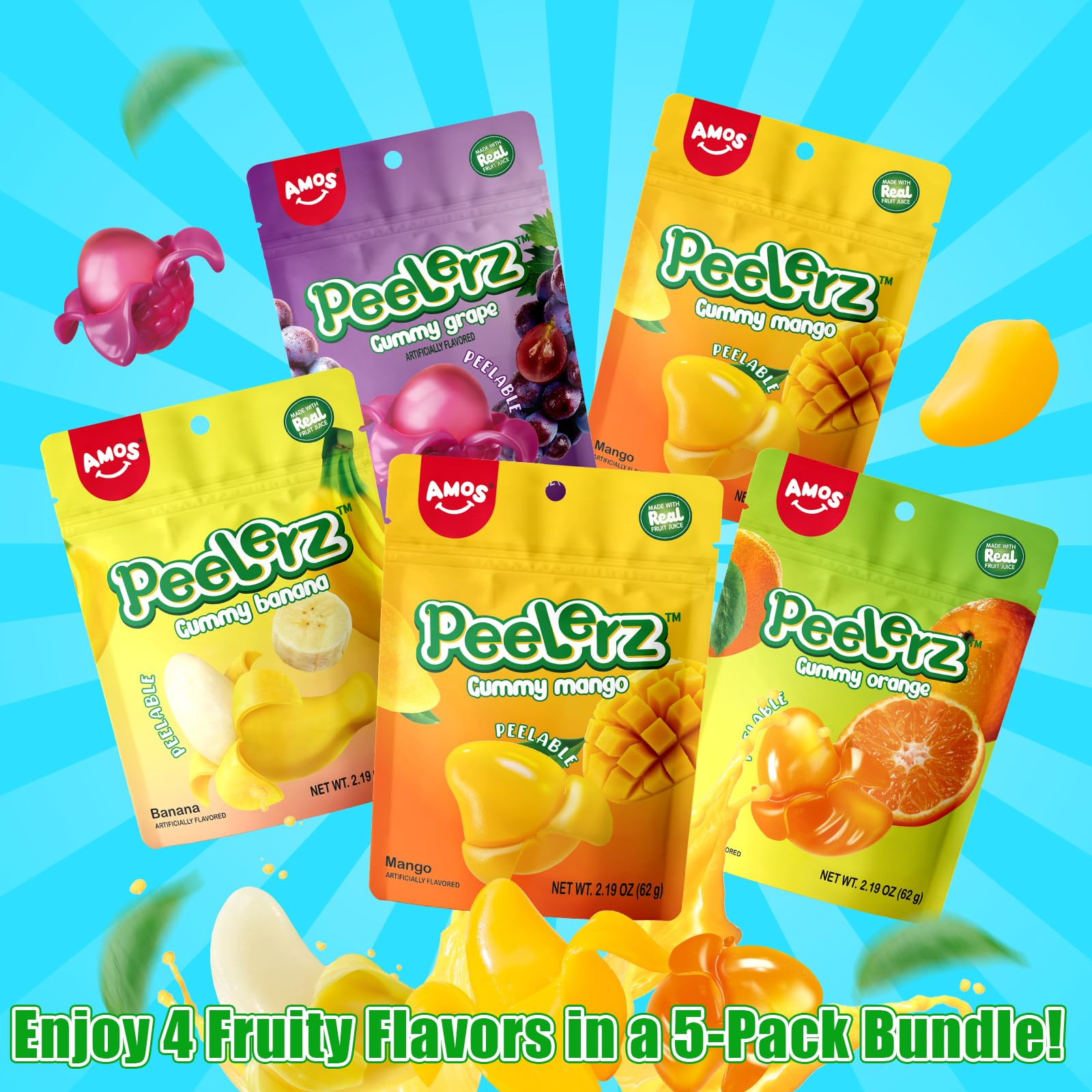 AMOS Peelerz Gummy Variety Pack - 5 Pack Assorted Fruit Flavors (Mango, Grape, Orange, Banana) | Peelable Candy for Kids & Adults | Perfect for Birthday Parties, Halloween Treats & Snack Time