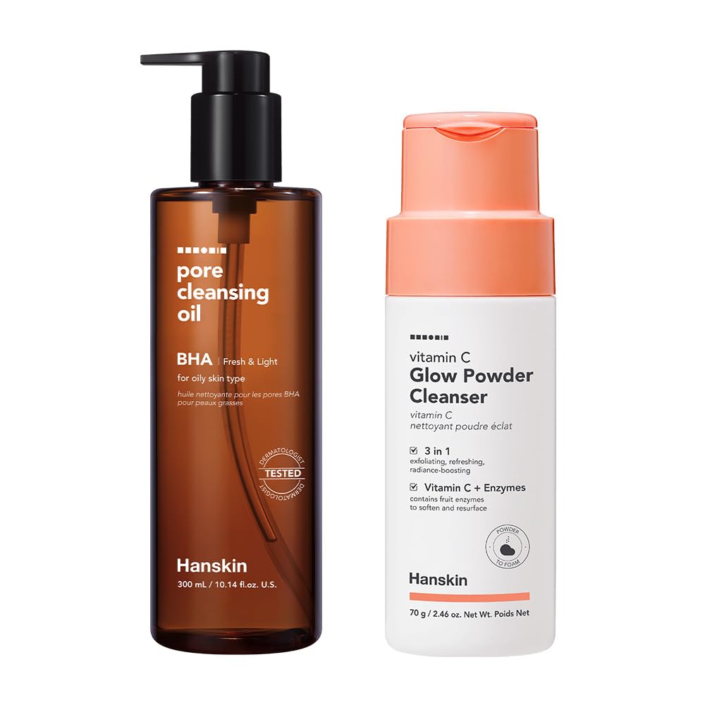 Hanskin BHA & Vitamin C Glow Duo: Deep Pore Cleansing Oil + Brightening Powder Cleanser for Clear, Radiant Skin | Korean Skincare Set for Acne-Prone & Dull Skin | Perfect for Daily Double Cleansing Routine & Travel Skincare Essentials