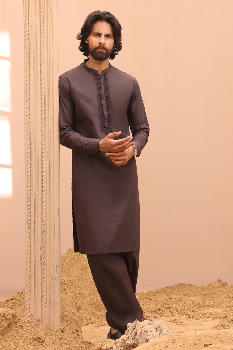 Premium Cotton Brown Kameez Shalwar by J. Junaid Jamshed - Traditional Pakistani Outfit for Men - Perfect for Eid, Weddings & Special Occasions