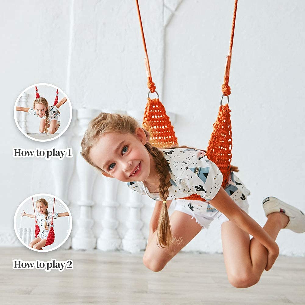 Kids Hand-Knitted Swing Seat - Indoor/Outdoor Portable Tree Swing with Adjustable Ropes, Hanging Strap & Snap Hook - Perfect for Camping, Hiking, Backyard Playset & Playroom - Easy Installation (Orange)