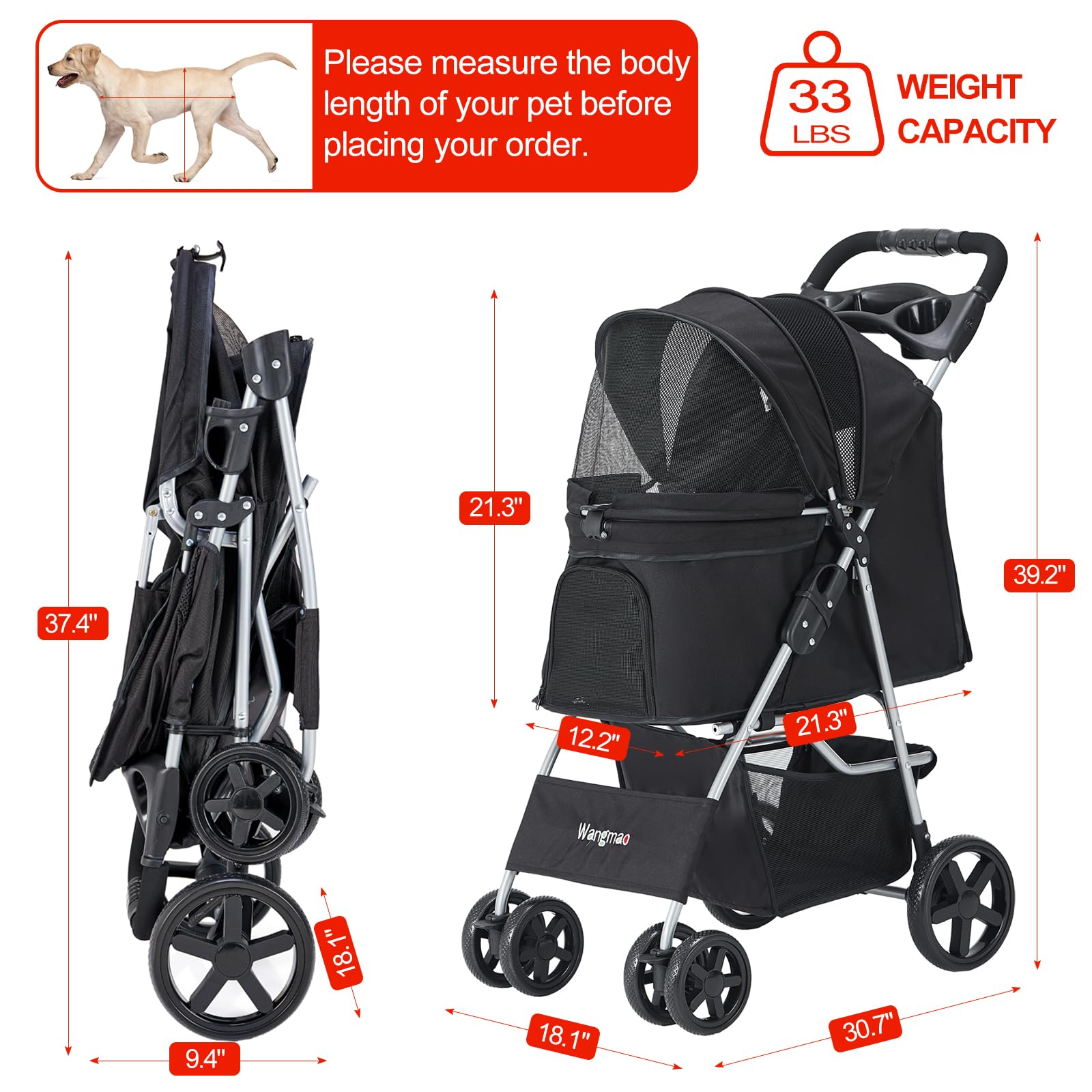 Premium Folding Pet Stroller for Small & Medium Dogs & Cats - 4-Wheel Jogger with Cup Holder & Storage Basket (Black) | Perfect for Outdoor Walks, Shopping Trips & Vet Visits