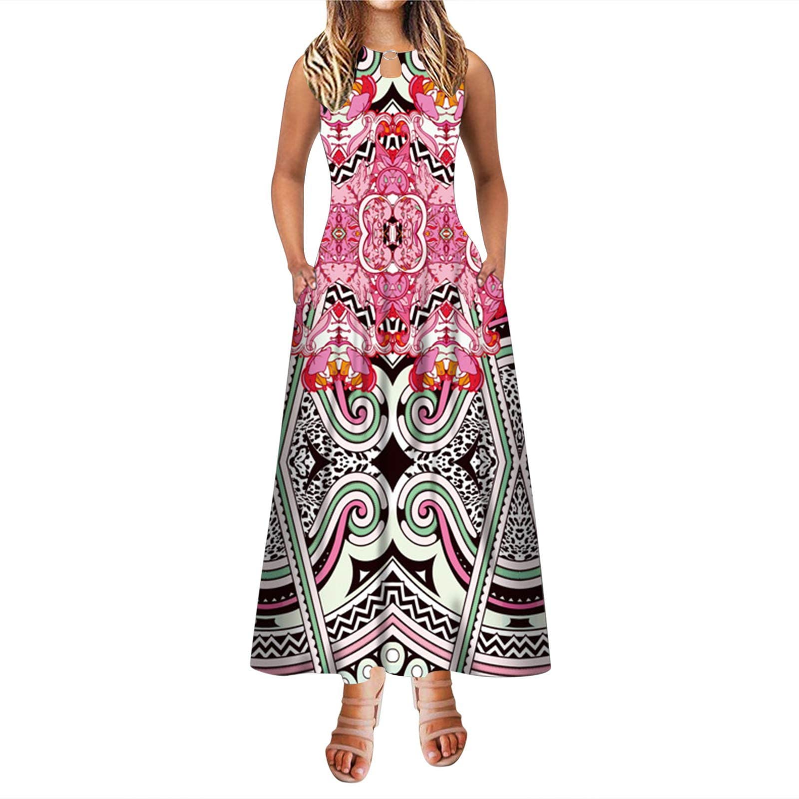 Women's Floral Print A-Line Maxi Dress - Sleeveless Summer Long Dress with Pockets, Round Neck Elegant Work Wear for Office, Party & Casual Outings