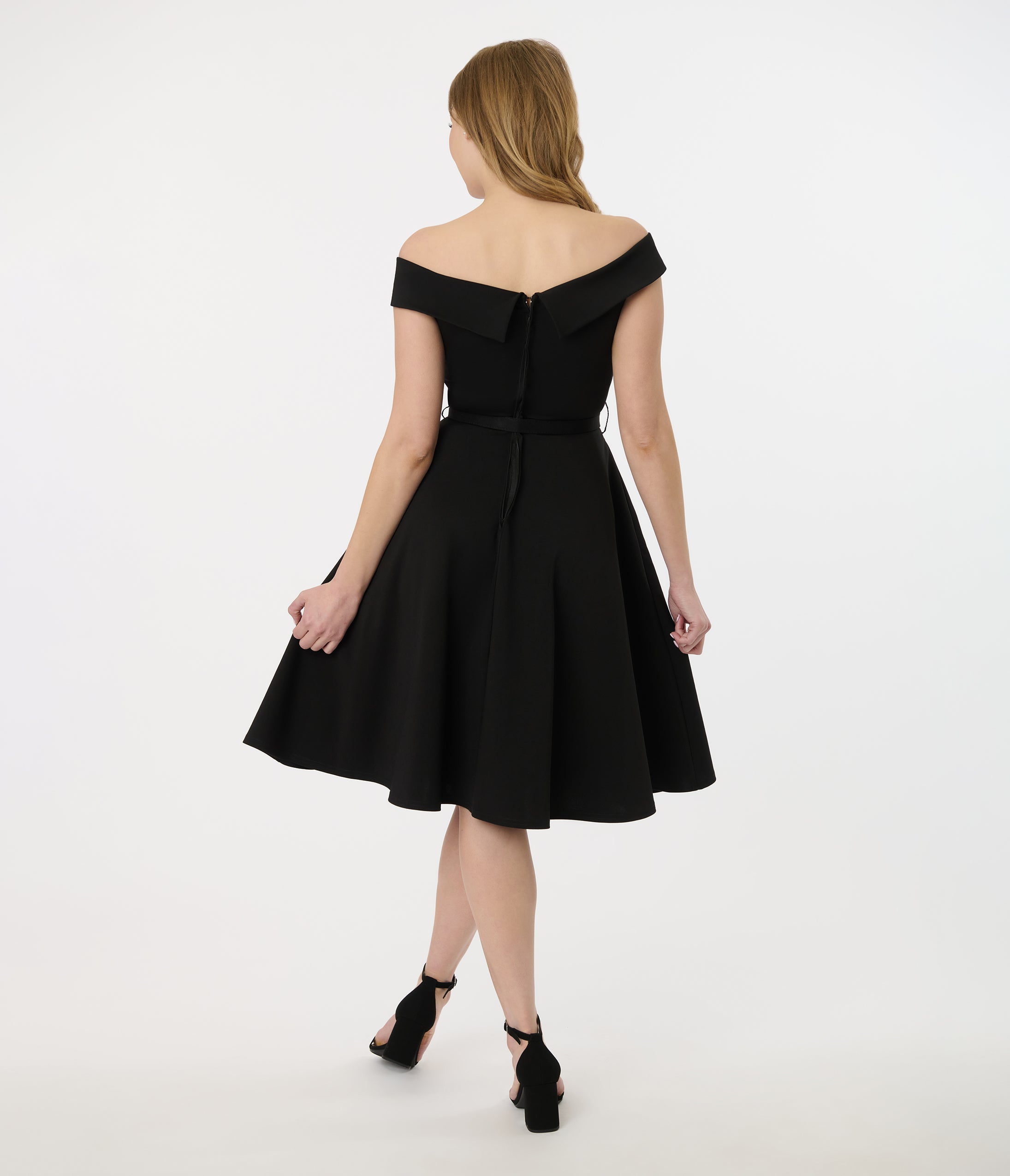 Vintage 1950s Black Off Shoulder Swing Dress - Retro Pinup Style Cocktail Party & Swing Dance Outfit for Women