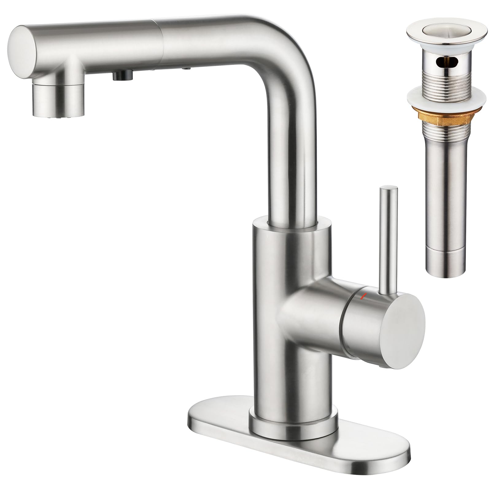 CREA Brushed Nickel Bar Sink Faucet with Pull-Out Sprayer & Pop-Up Drain Stopper - Compact Kitchen & Bathroom Faucet with Overflow & Hair Catcher - Perfect for Small Sinks, Wet Bars, and Powder Rooms