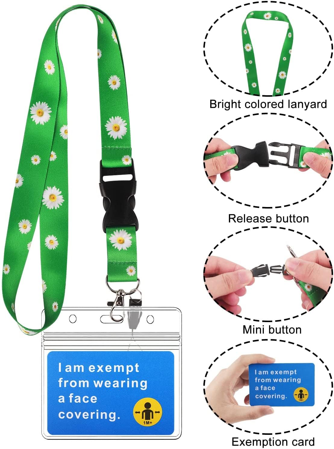 Mask Exemption Card Green Lanyard with Clear Waterproof ID Holder - Includes 1 Neck Strap & 1 Card Sleeve - Perfect for Medical Exemptions, Work IDs, and Event Badges
