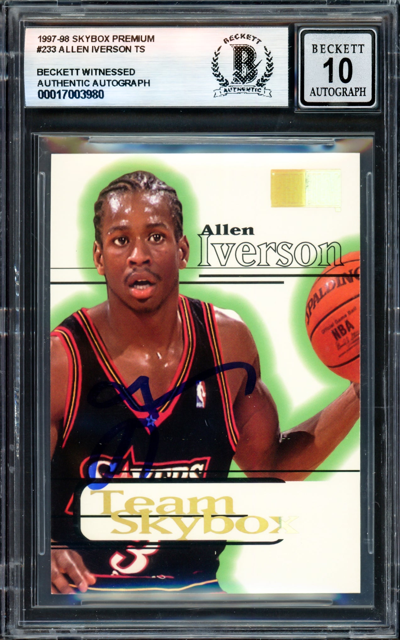 Allen Iverson Autographed 1997-98 Skybox Premium Basketball Card #233 - Philadelphia 76ers - Beckett BAS Gem Mint 10 Grade - Witness #17003980 - Perfect for NBA Memorabilia Collectors & Sports Fans Display