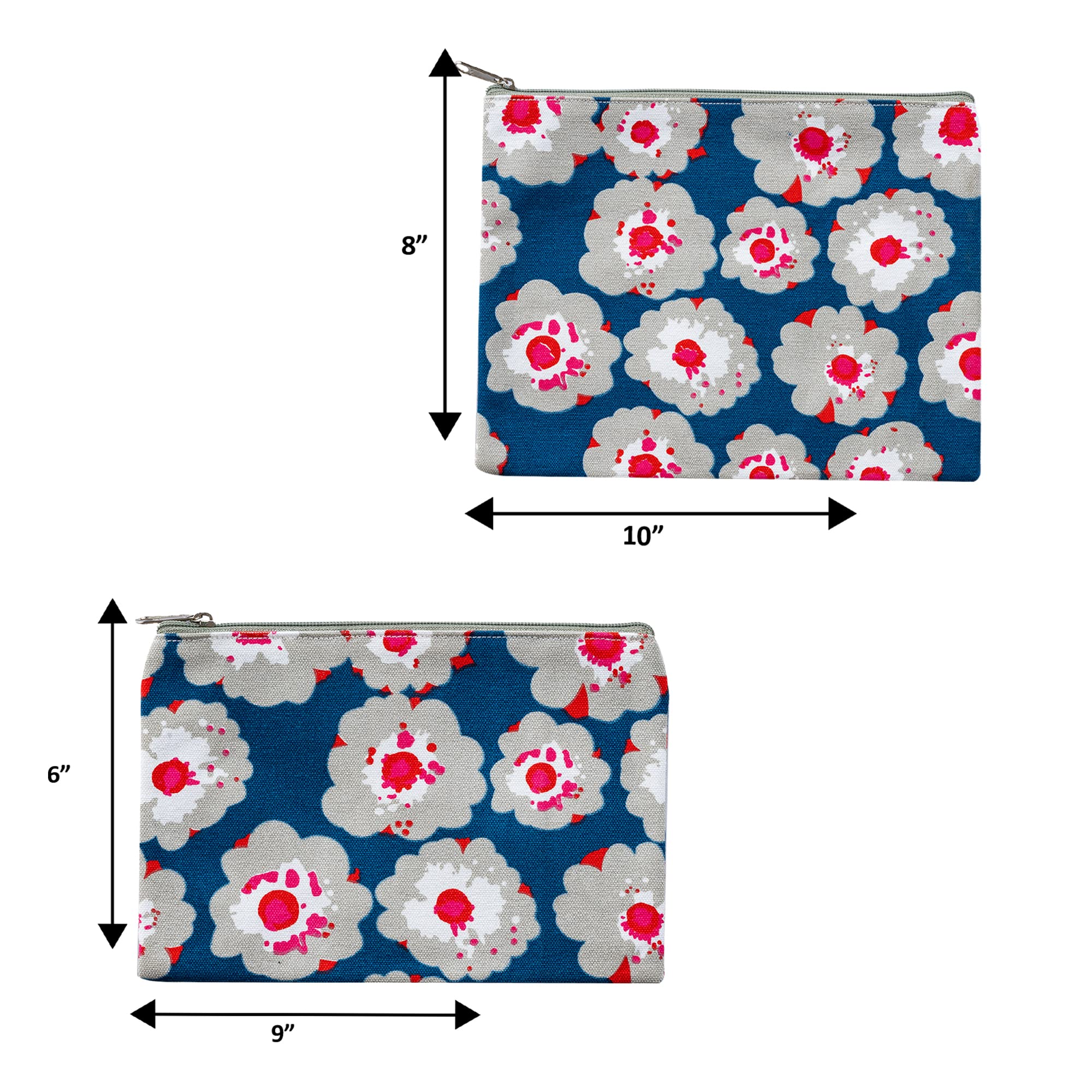 AQVA Set of 2 Eco-Friendly Cotton Canvas Pouch Bags - Stylish Printed Handmade Cosmetic & Toiletry Organizer for Travel, Beach, and Home Essentials (Kitchen Flower Grey)