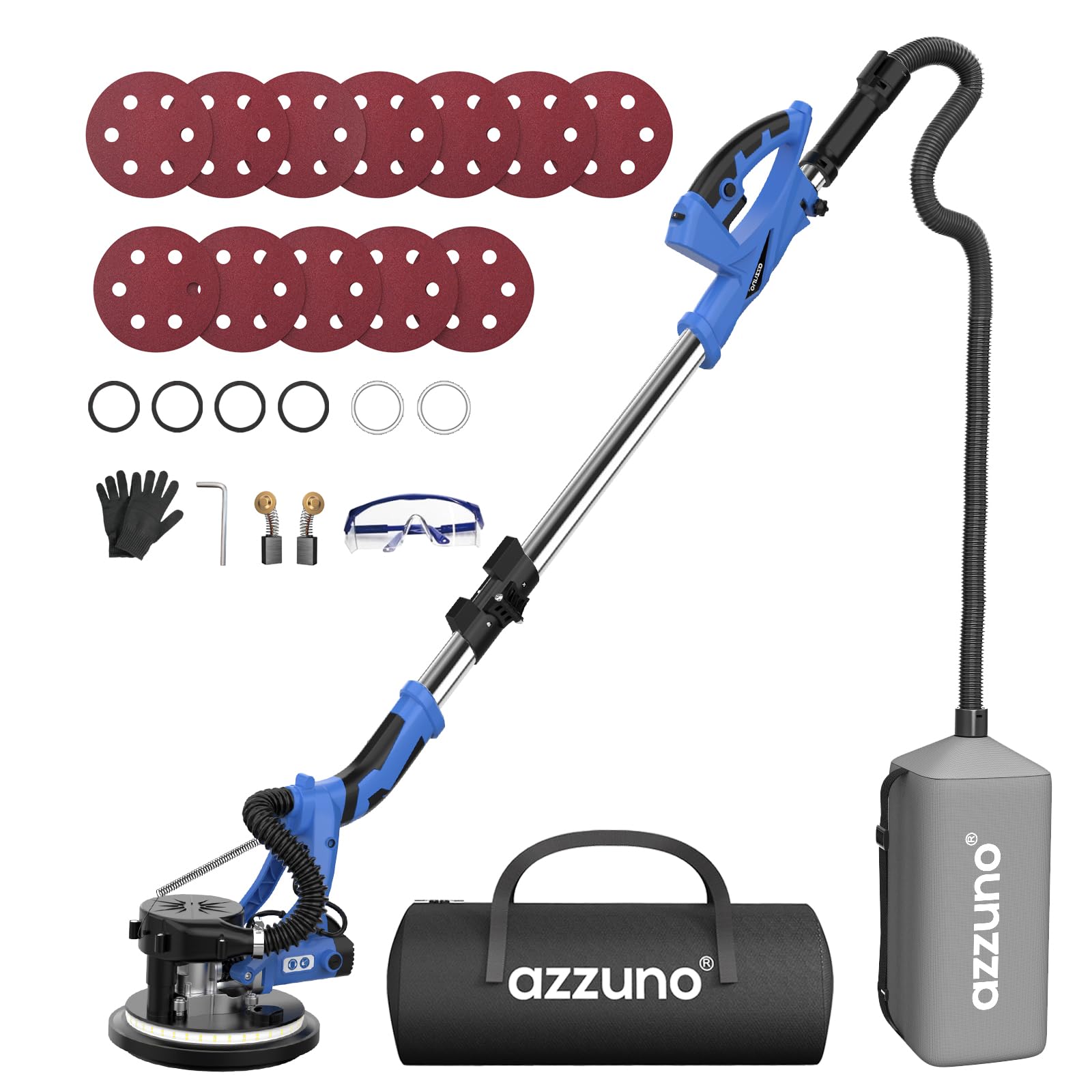 AZZUNO 12A Electric Drywall Sander with Vacuum Dust Collector - 5-Speed 800-1900RPM Popcorn Ceiling Removal Tool, LED Light & 12 Sanding Discs, Foldable Extendable Handle for Home Renovation and DIY Projects