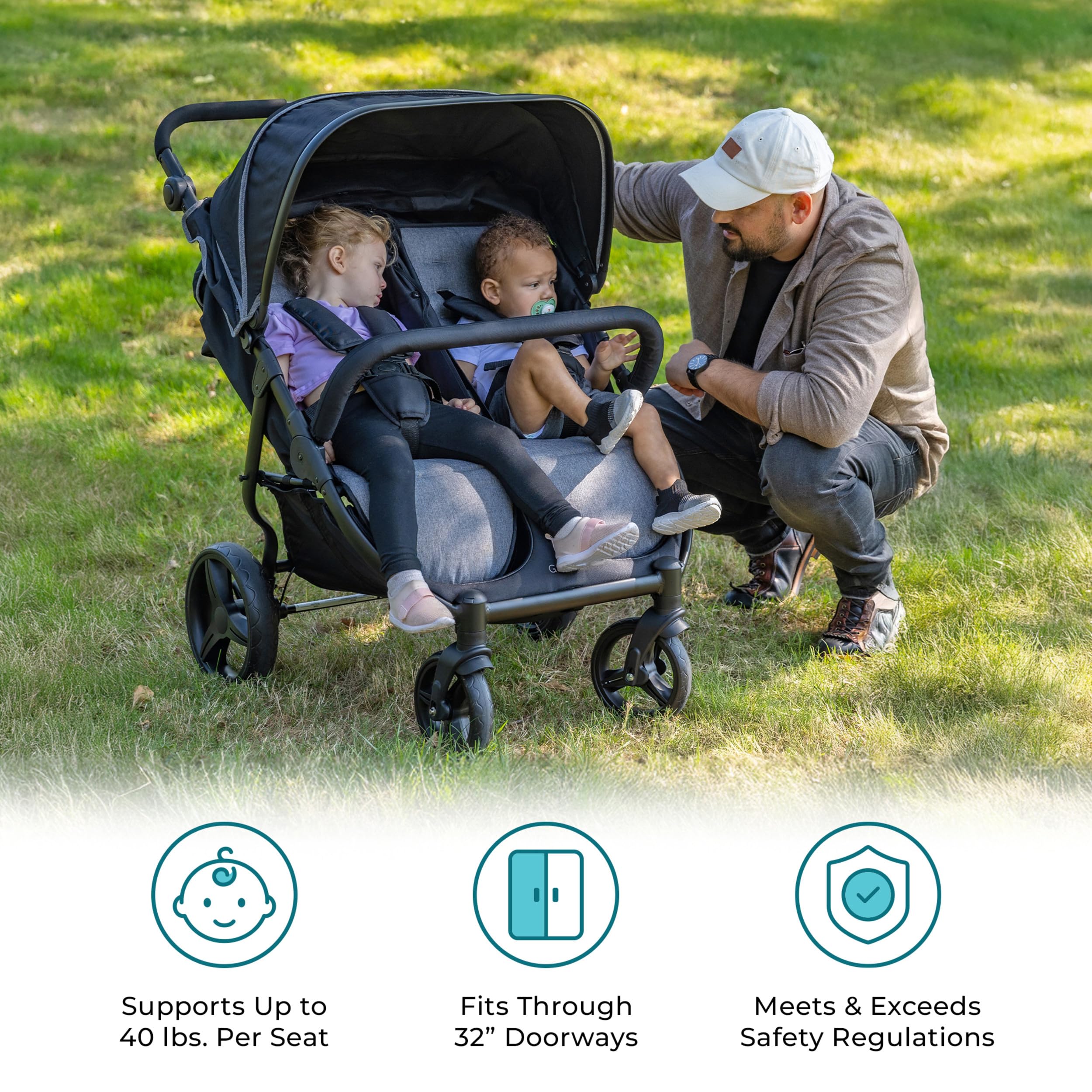 **Gaggle by Foundations Roadster Duo Side by Side Double Stroller - Lightweight Compact Stroller for Toddlers & Twins - Easy Fold & Maneuver - Amusement Park & Travel Approved - Black - Perfect for Shopping, Walks & Family Outings**