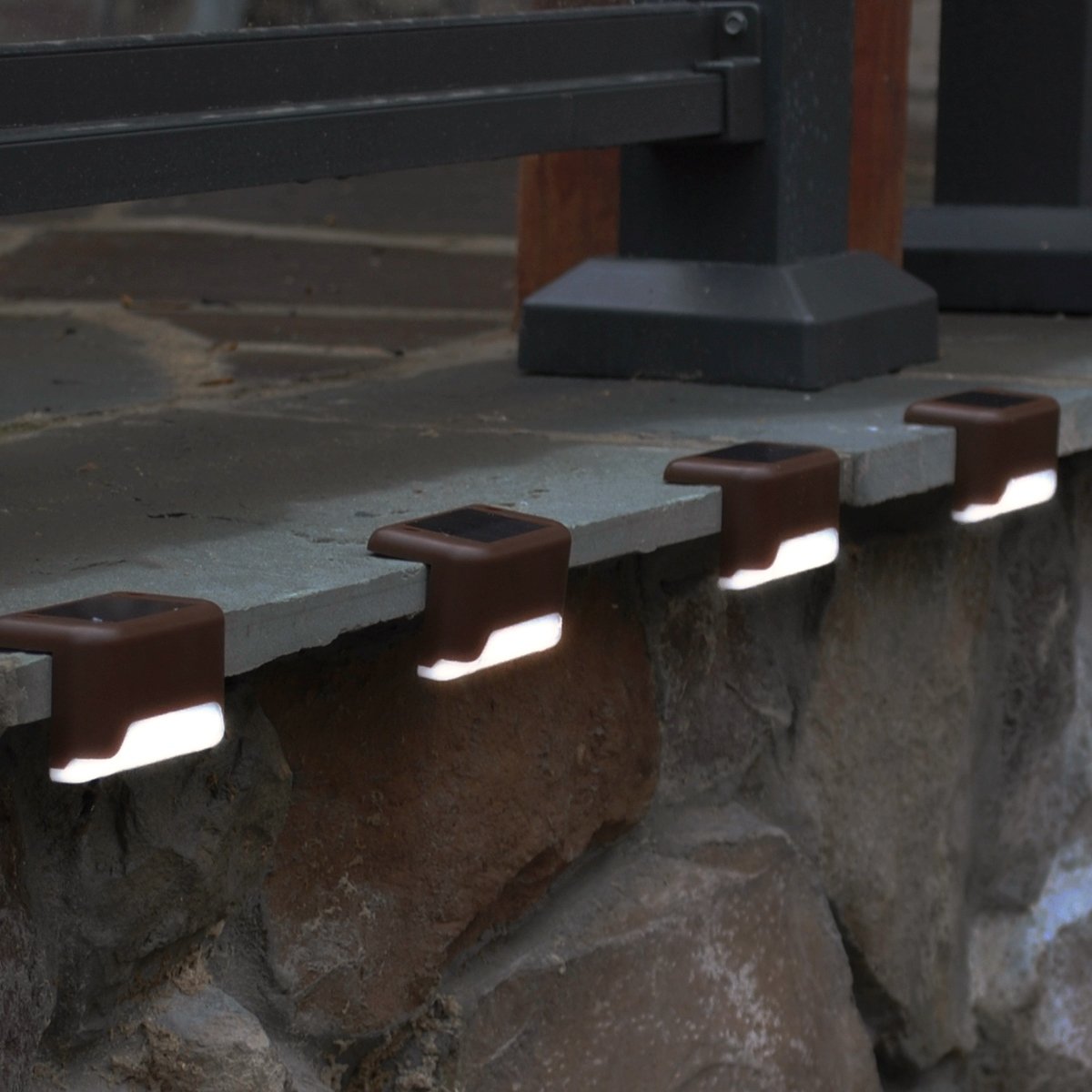 Maxsa 47332 4-Pack Solar Powered Weatherproof Outdoor Lights - Dusk to Dawn Motion Sensor LED Step Lights for Stairs, Deck, Railing, Pathway & Garden (Brown) - Perfect for Patio, Yard & Landscape Lighting