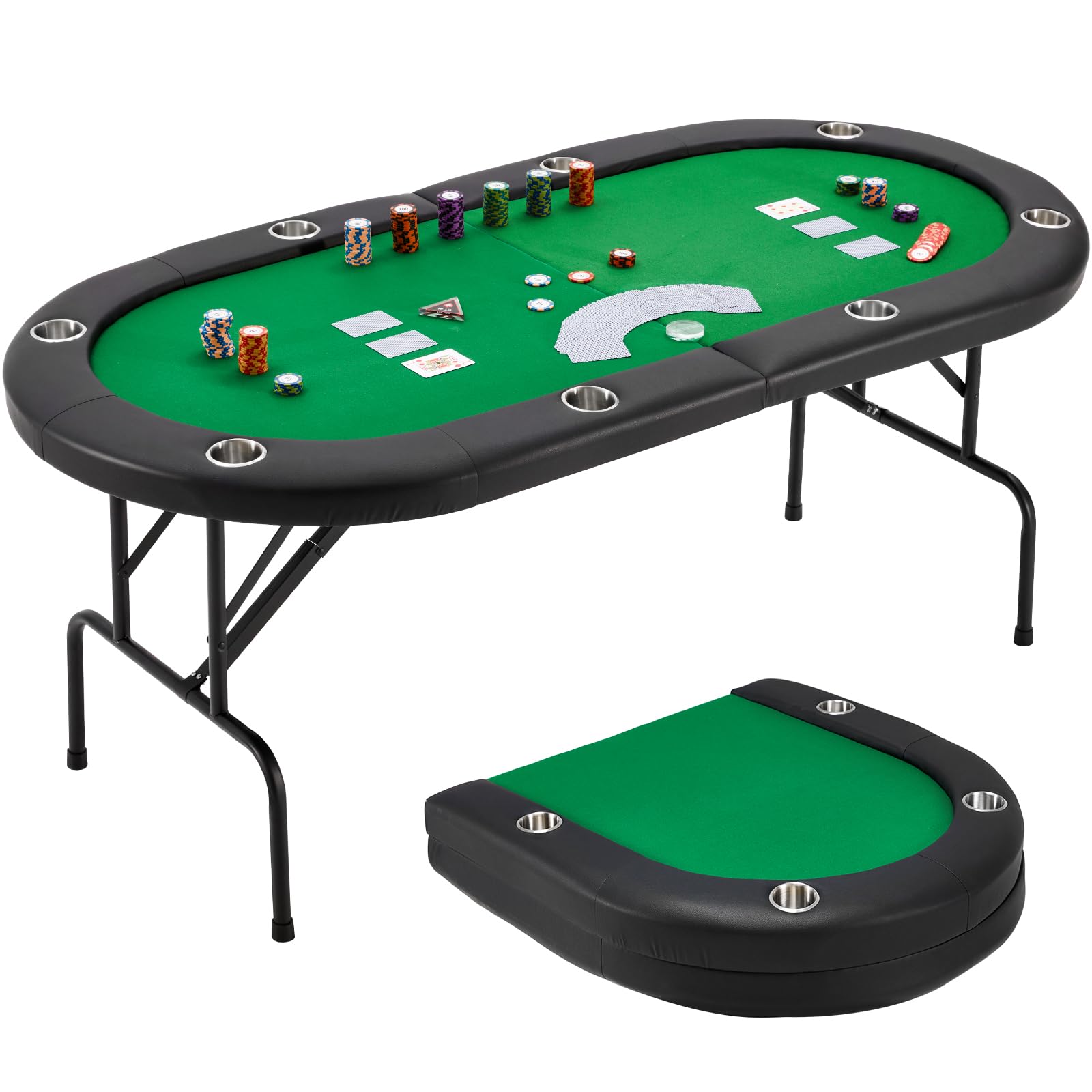 ECOTOUGE Foldable Poker Table for 8 Players - Portable Blackjack & Casino Game Table with Stainless Steel Cup Holders & Storage Bag | No Assembly Required | Perfect for Texas Hold'em, Home Game Nights & Casino-Themed Parties (Green)