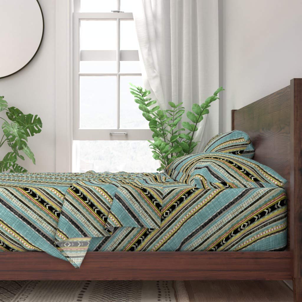 Premium 100% Cotton Twin Sheet Set 3-Piece - Southwestern Stripe Nursery Design in Blue, Beige & Black Geometric Print | Soft & Breathable Bedding for Kids' Room, Guest Bedroom & Dorm Decor