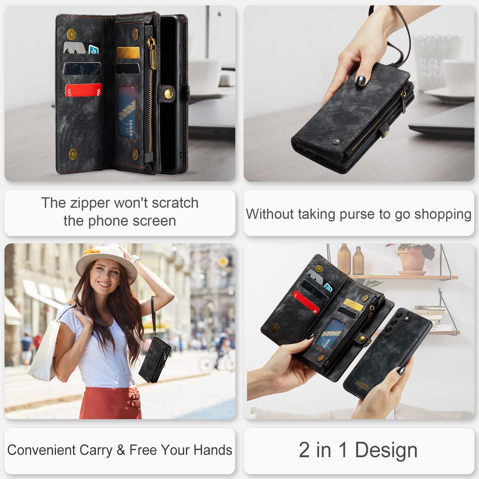 Genuine Leather Wallet Case for Samsung Galaxy S21 Plus - Detachable Magnetic Cover with Zipper Purse, RFID Blocking & Card Slots | Perfect for Business, Travel & Everyday Protection (Black)