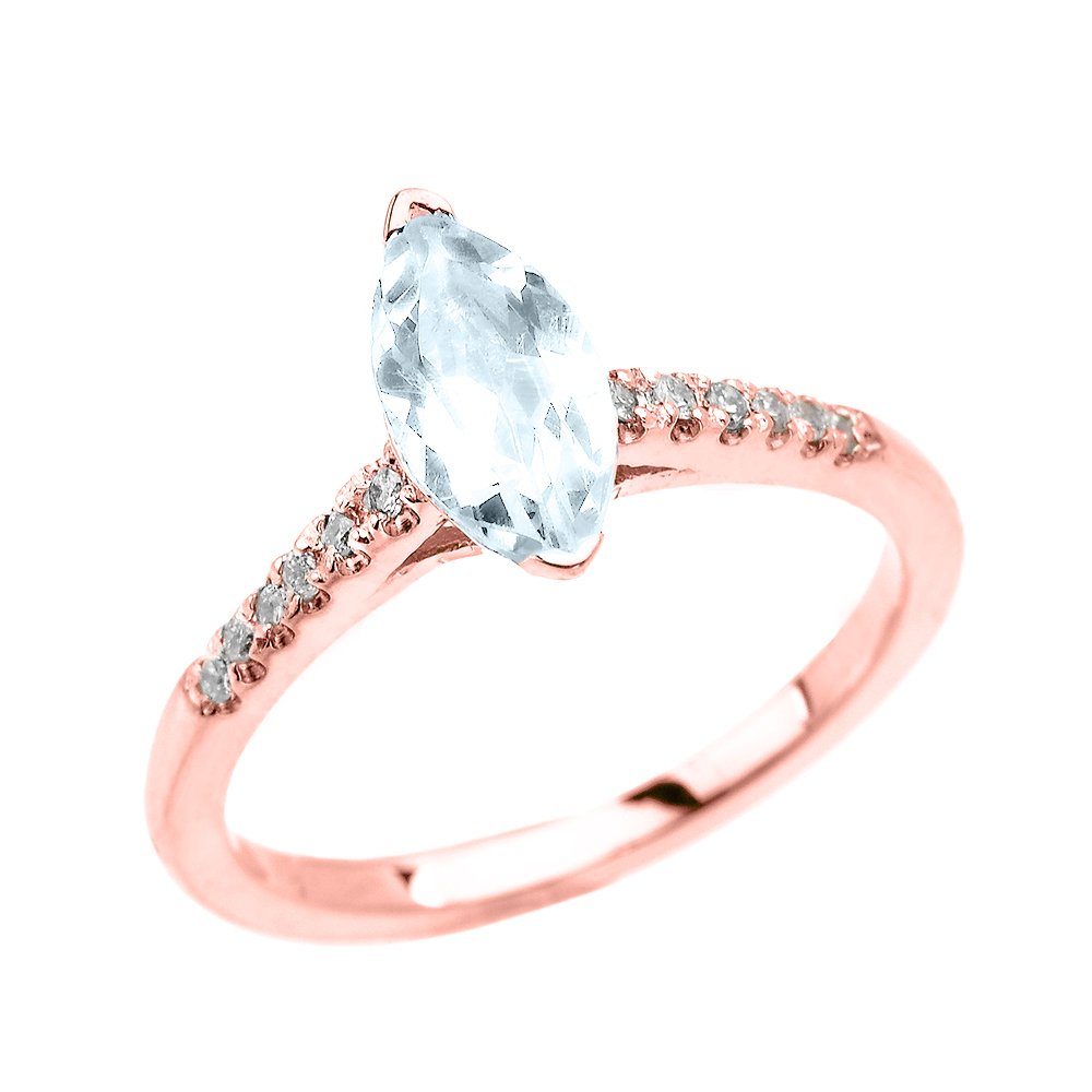 10k Rose Gold Diamond & Marquise Aquamarine Solitaire Engagement Ring for Women - Elegant Proposal Wedding Band, Perfect for Anniversary, Valentine's Day Gift & Bridal Jewelry