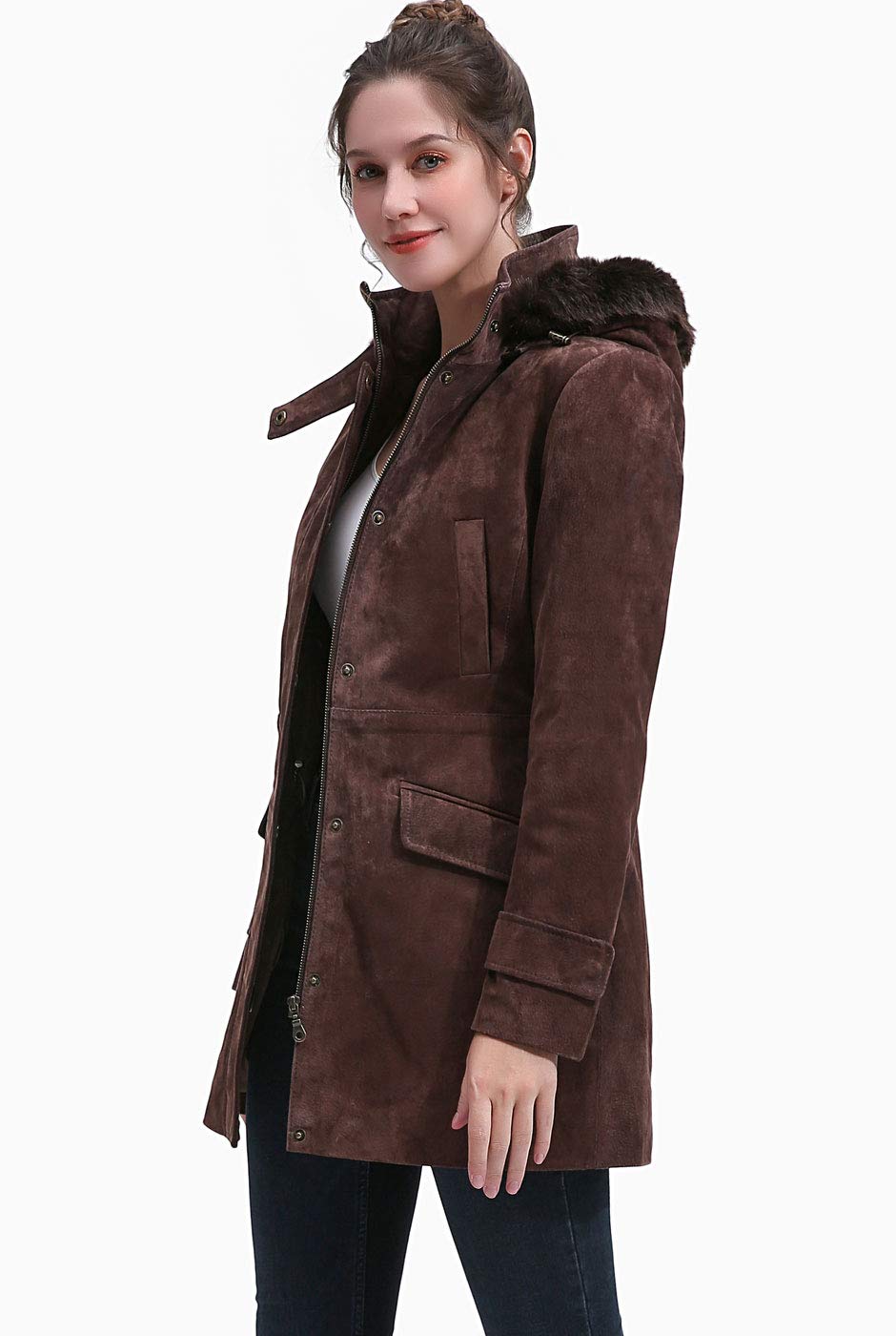BGSD Women's Della Hooded Suede Leather Parka Coat - Winter Warm Jacket for Women (Plus Size & Petite Available) | Stylish Outerwear for Cold Weather, Casual Outings & Travel