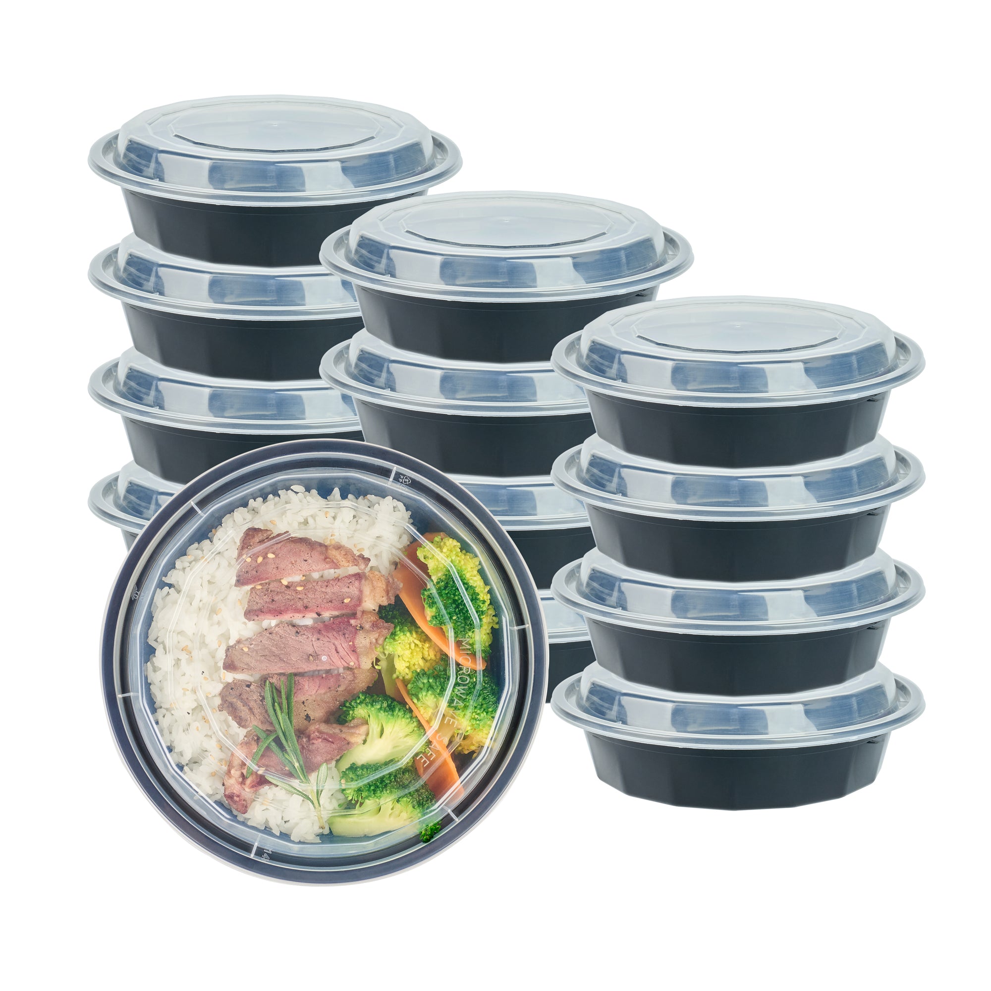 24 oz Black Round Plastic Takeout Containers with Clear Lids - Microwave Safe (7.25