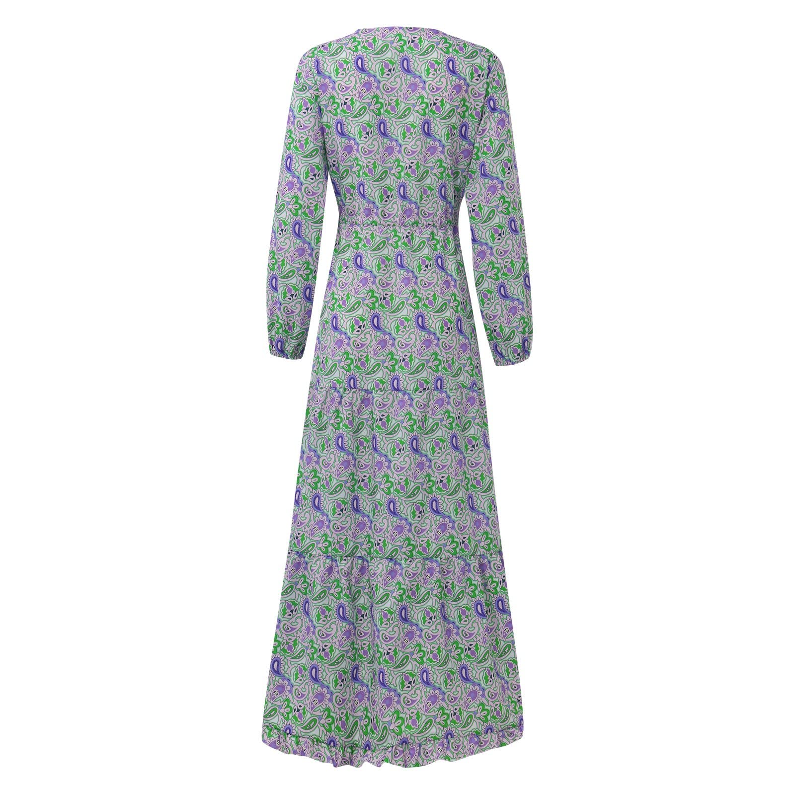 FOVIGUO Women's Bohemian Maxi Dress Long Sleeve V-Neck Empire Waist Floor Length Summer Vacation Dress - Green | Beach Wedding, Party, Date Night Outfit