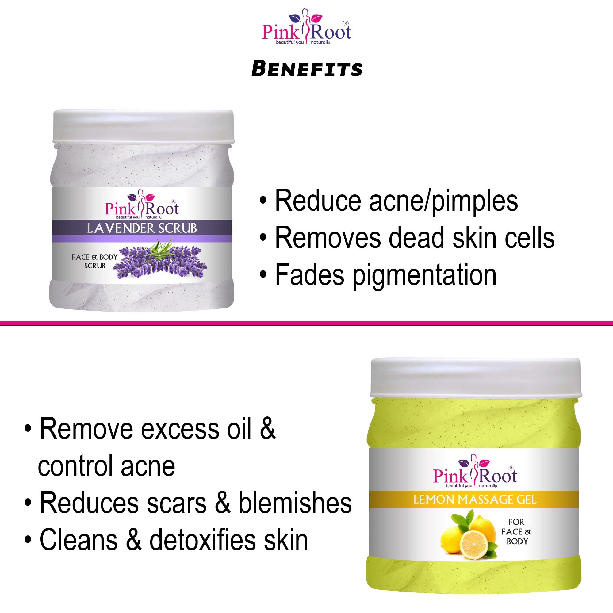 Pink Root Lemon Massage Gel & Lavender Scrub Set - 500ml Each for Relaxation & Exfoliation | Perfect for Spa, Aromatherapy & Home Self-Care