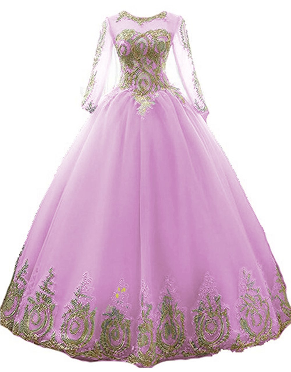 Elegant Gold Lace Applique Quinceanera Dress with Long Sleeves - BD389 Ball Gown for Prom, Homecoming, and Special Occasions