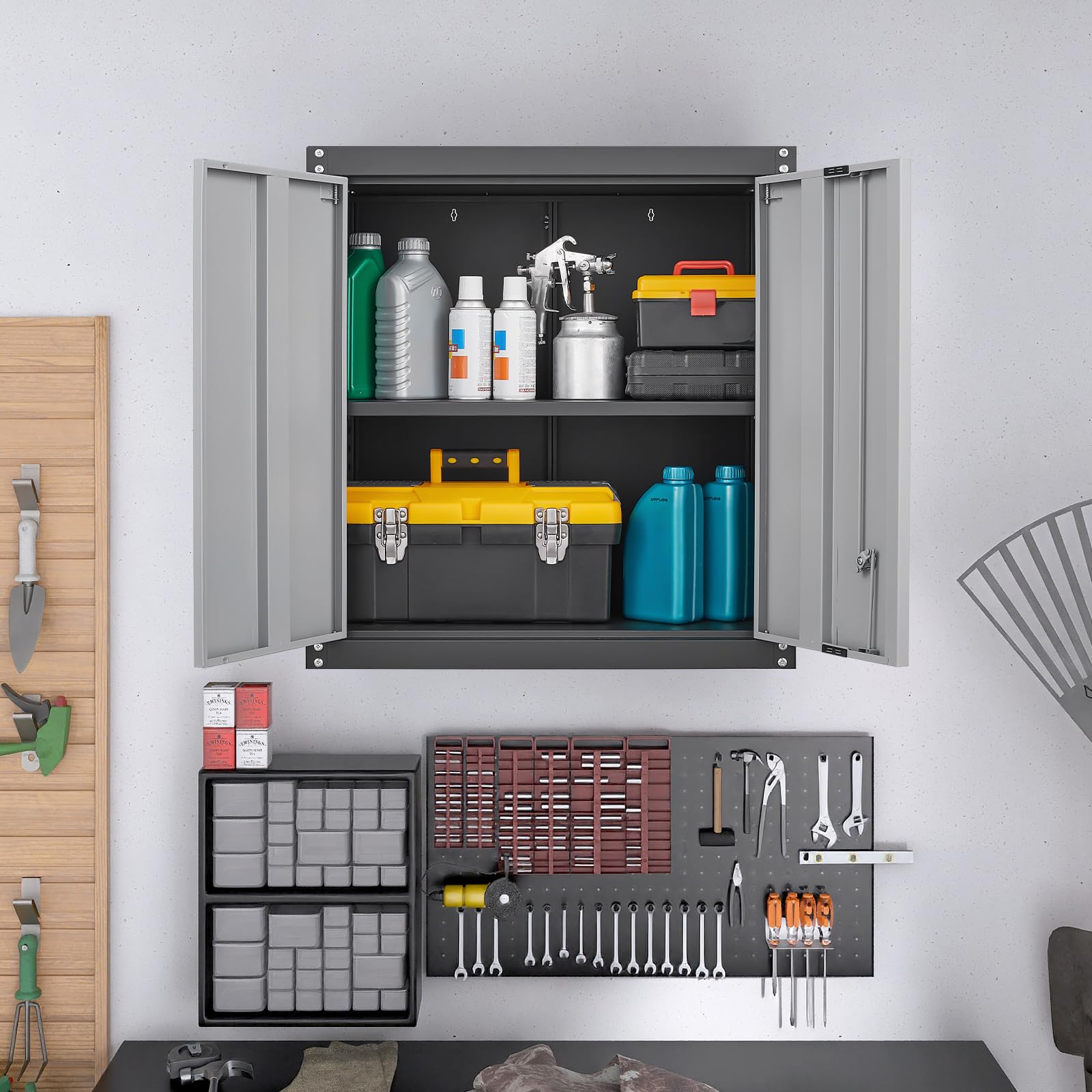 Metal Wall Mounted Storage Cabinet with Adjustable Shelves & Locking Doors - Heavy Duty Steel Garage Cabinet for Home Office, Utility Room & Workshop Organization