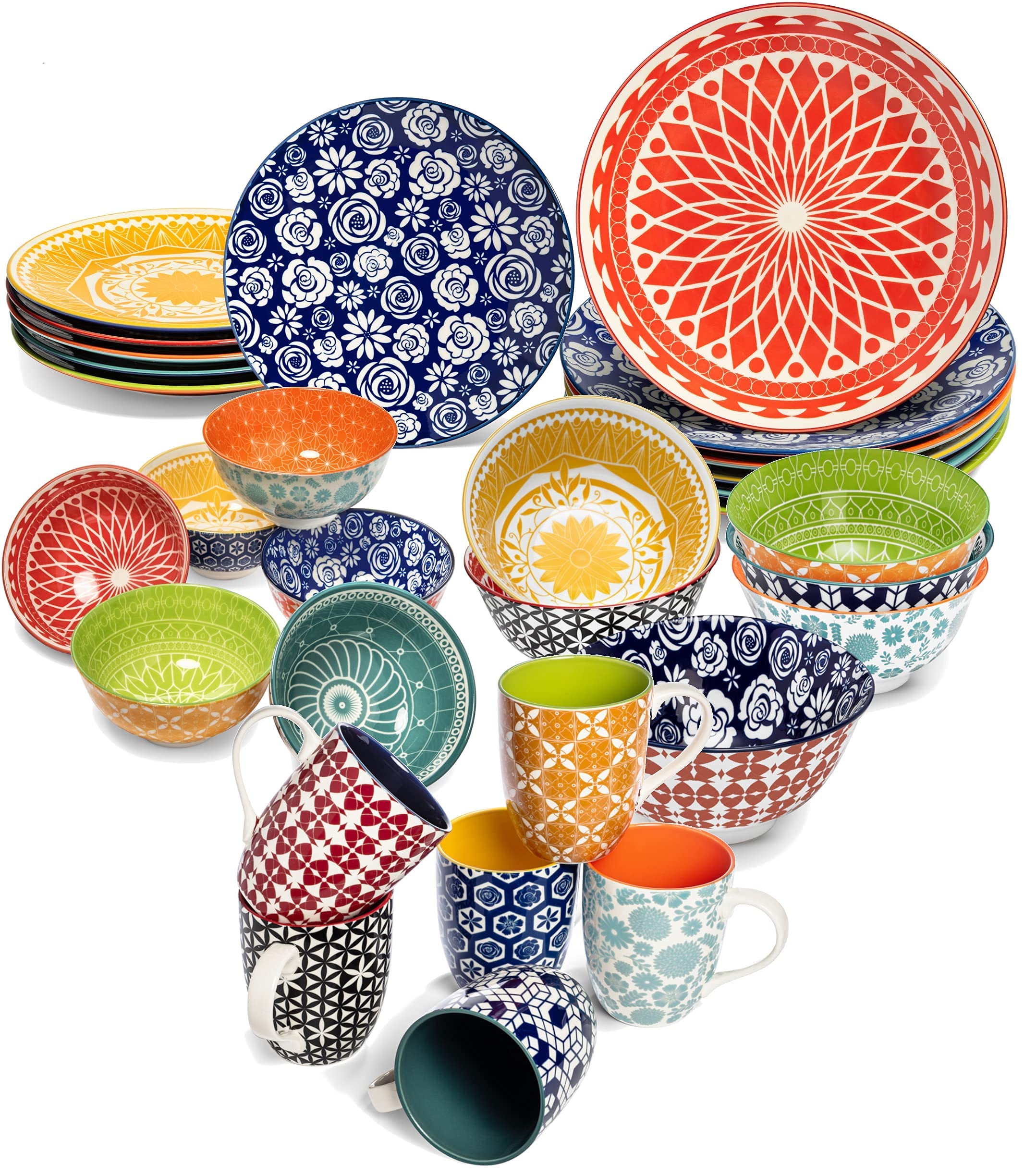 Colorful Porcelain Dinnerware Set - Annovero Mugs, Cereal Bowls, Salad Plates & Serving Dishes | Microwave & Dishwasher Safe | Perfect for Breakfast, Dinner Parties & Home Decor