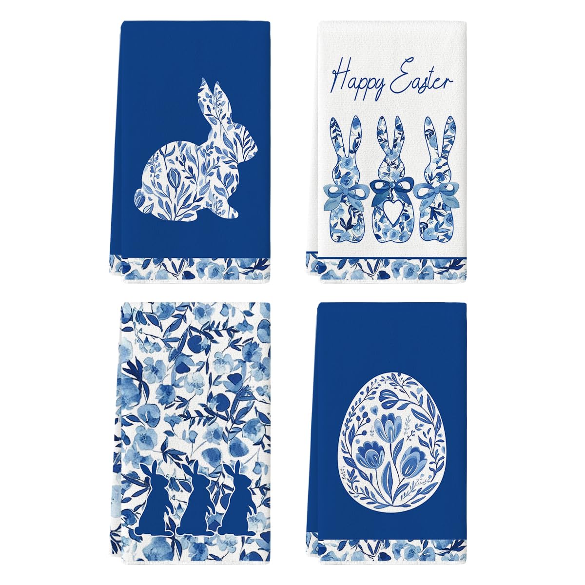 Blue Rabbits Bunny Bow Easter Kitchen Towels Set of 4 - 18x26 Inch Farmhouse Style Dish Towels for Spring Decor, Holiday & Farmhouse Kitchen Use - Perfect for Easter, Farmhouse Decor & Daily Dish Drying