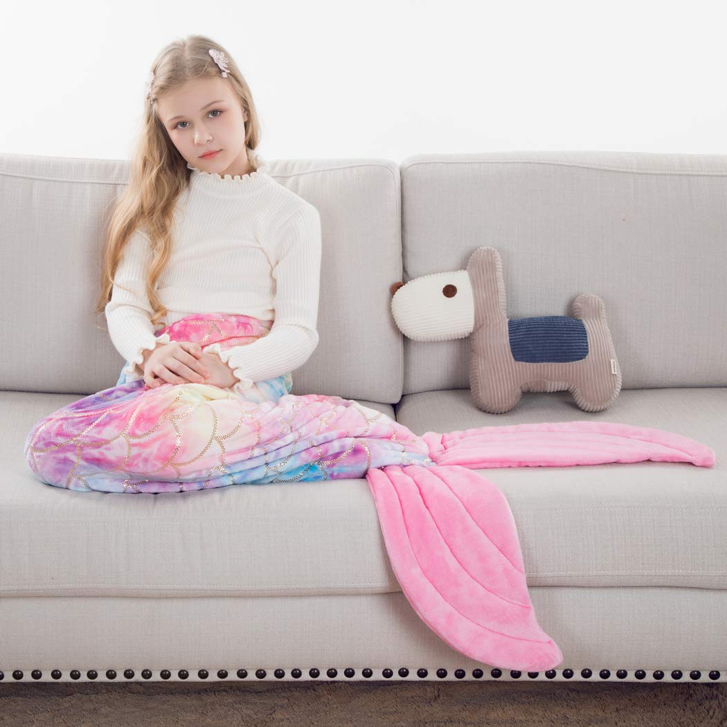 COSUSKET Mermaid Tail Blanket for Girls - Soft Rainbow Plush Microfiber Sleeping Bag with Fish Scale Design | All-Season Cozy Snuggle Blanket for Kids, Teens & Adults | Perfect for Bedtime, Lounging & Photo Shoots