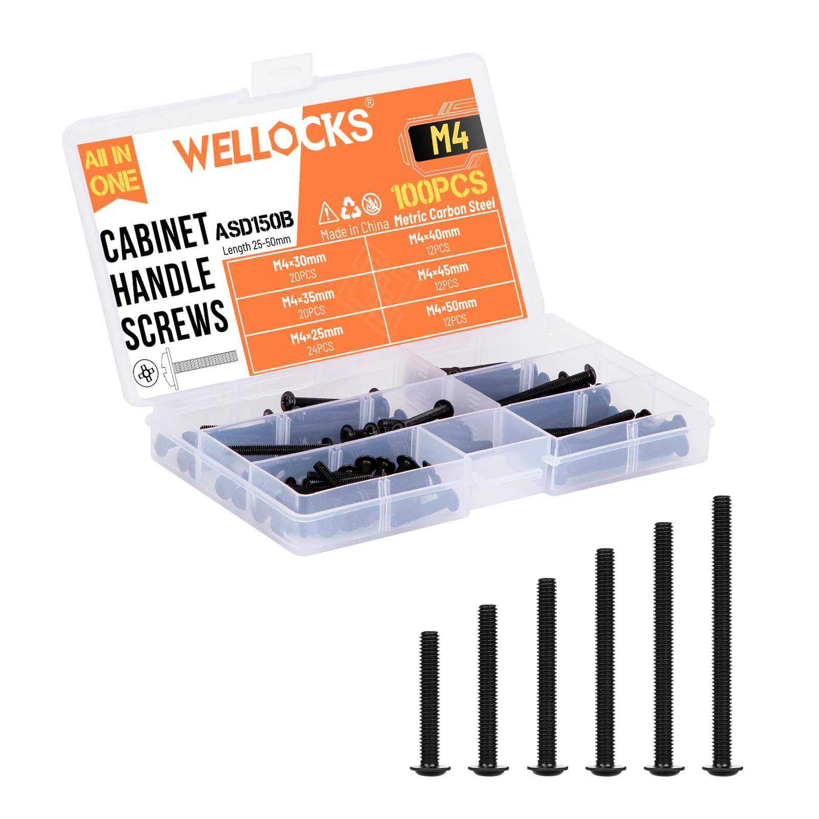 WELLOCKS Black Zinc Cabinet Screws Kit - 100 PCS M4 25-50mm for Drawer Handles Installation