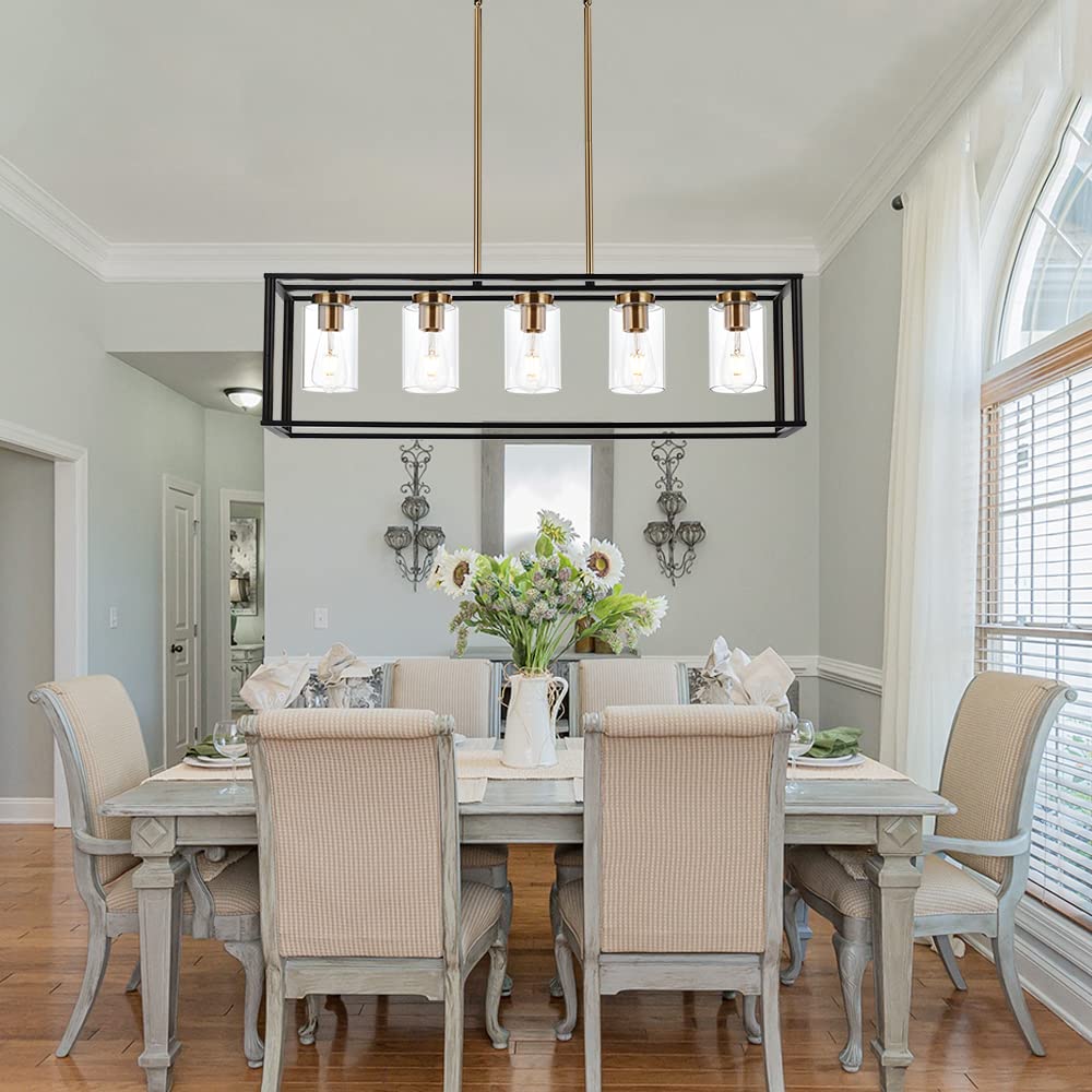 VINLUZ 5-Light Farmhouse Chandelier with Clear Glass Shade - Black & Brushed Brass Rectangular Pendant Light for Kitchen Island, Dining Room, and Industrial Ceiling Lighting | Perfect for Modern Farmhouse, Rustic, and Industrial Style Home Decor